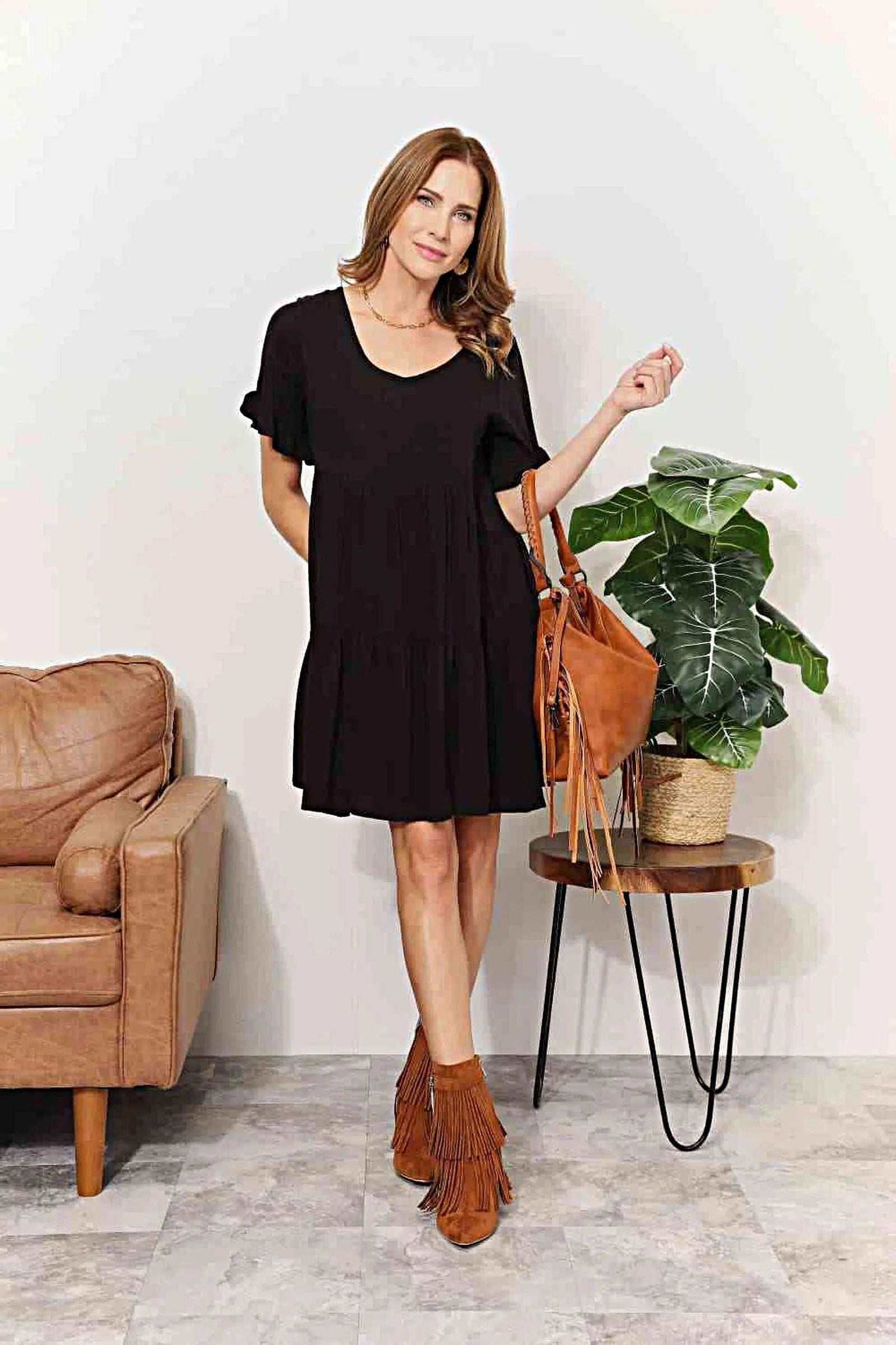Double Take V-Neck Flounce Sleeve Tiered Dress -
