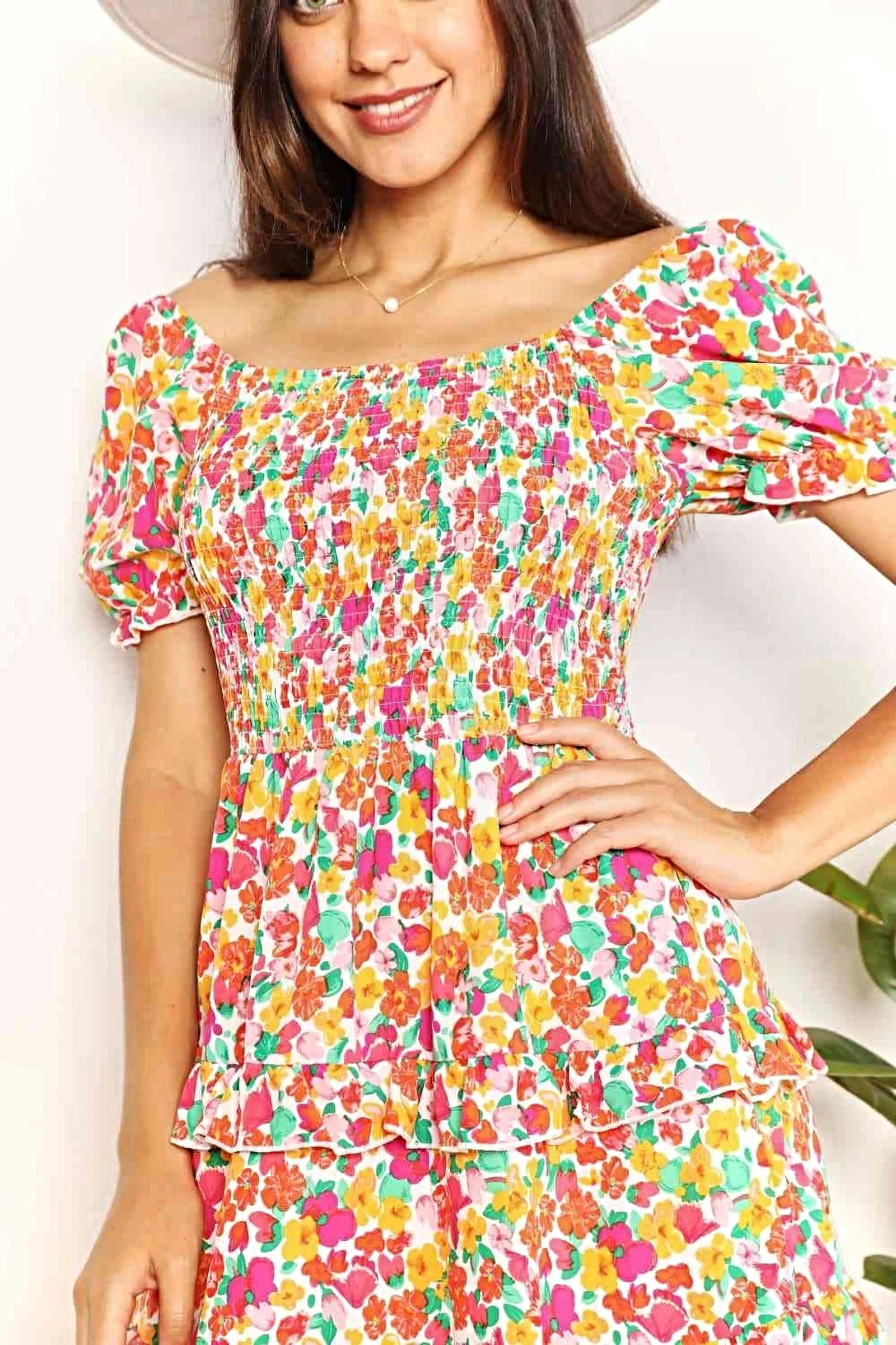 Smocked Sweetheart Dress with Flounce Sleeves - Floral Mini Dress for Effortless Elegance Trendsi