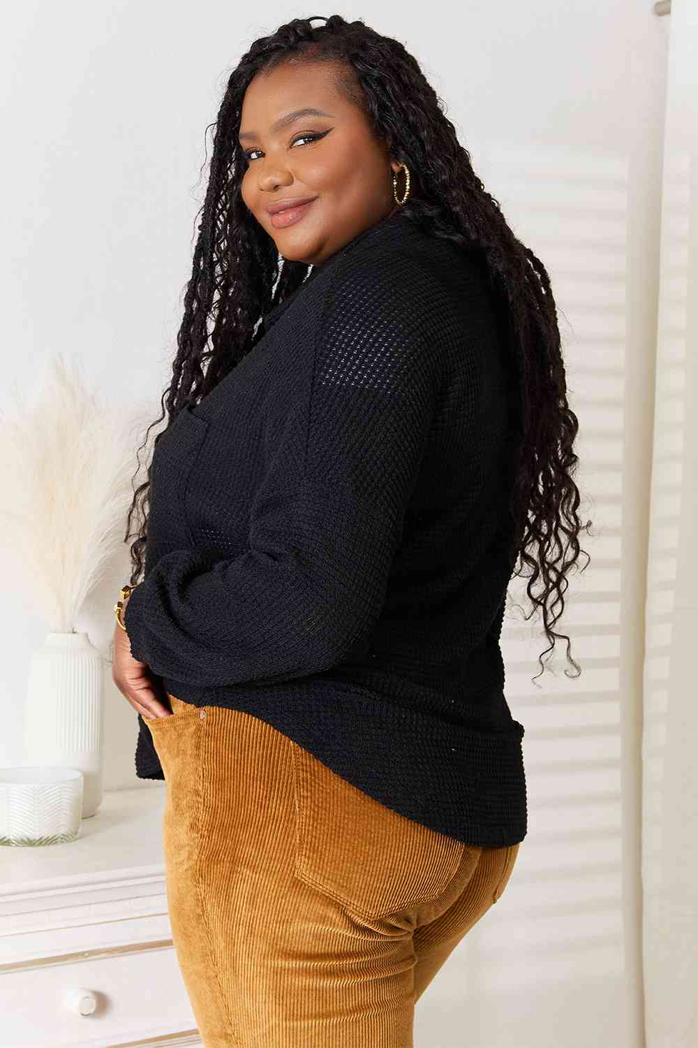 Double Take Waffle-Knit Collared Neck Dropped Shoulder Shirt -