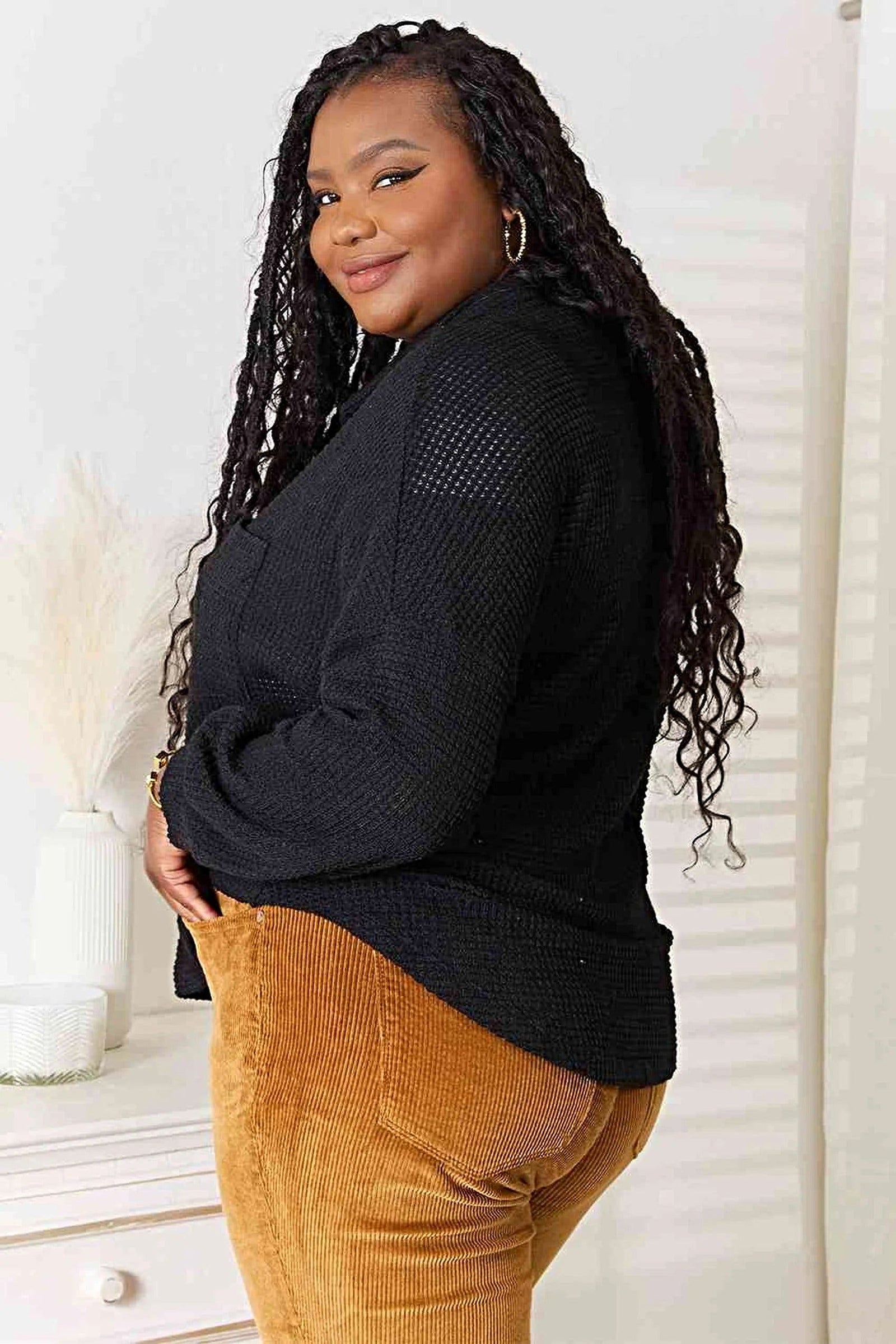 Double Take Waffle-Knit Collared Neck Dropped Shoulder Shirt Trendsi