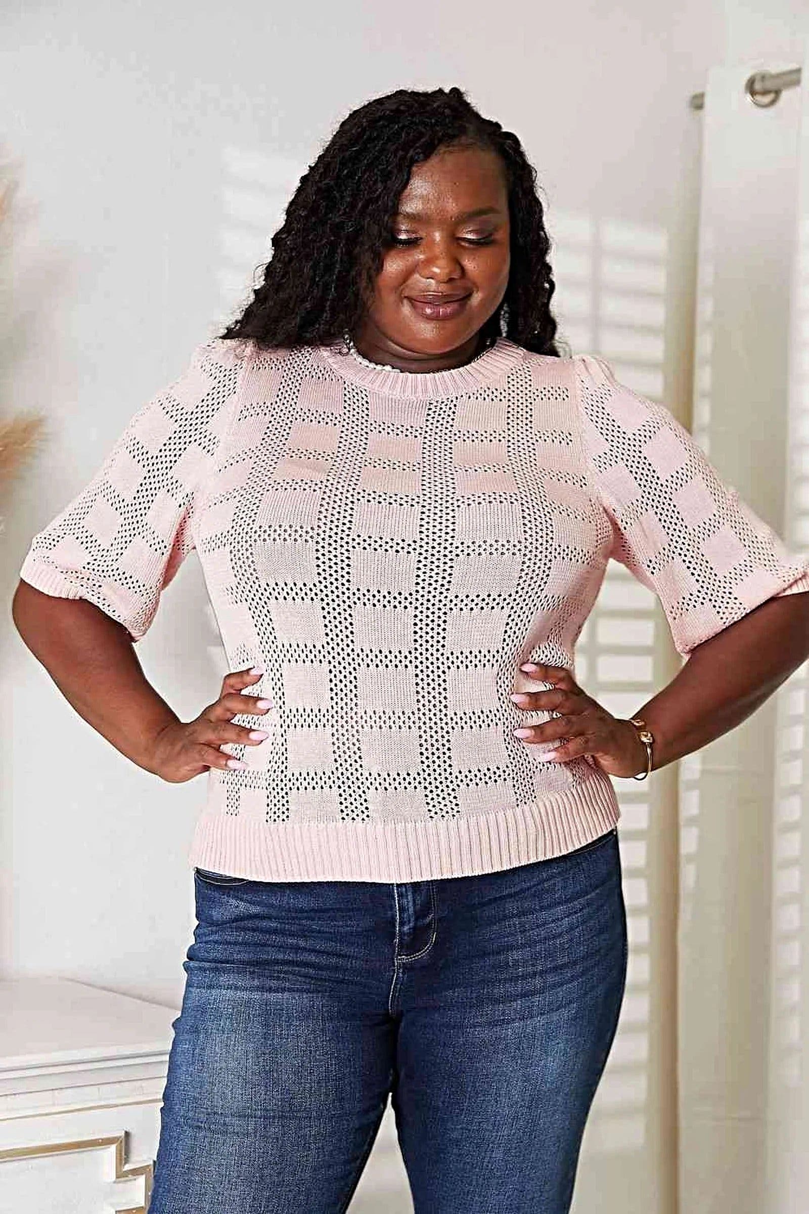 Chic Ribbed Knit Top with Round Neckline and Half Sleeves for Effortless Style Trendsi