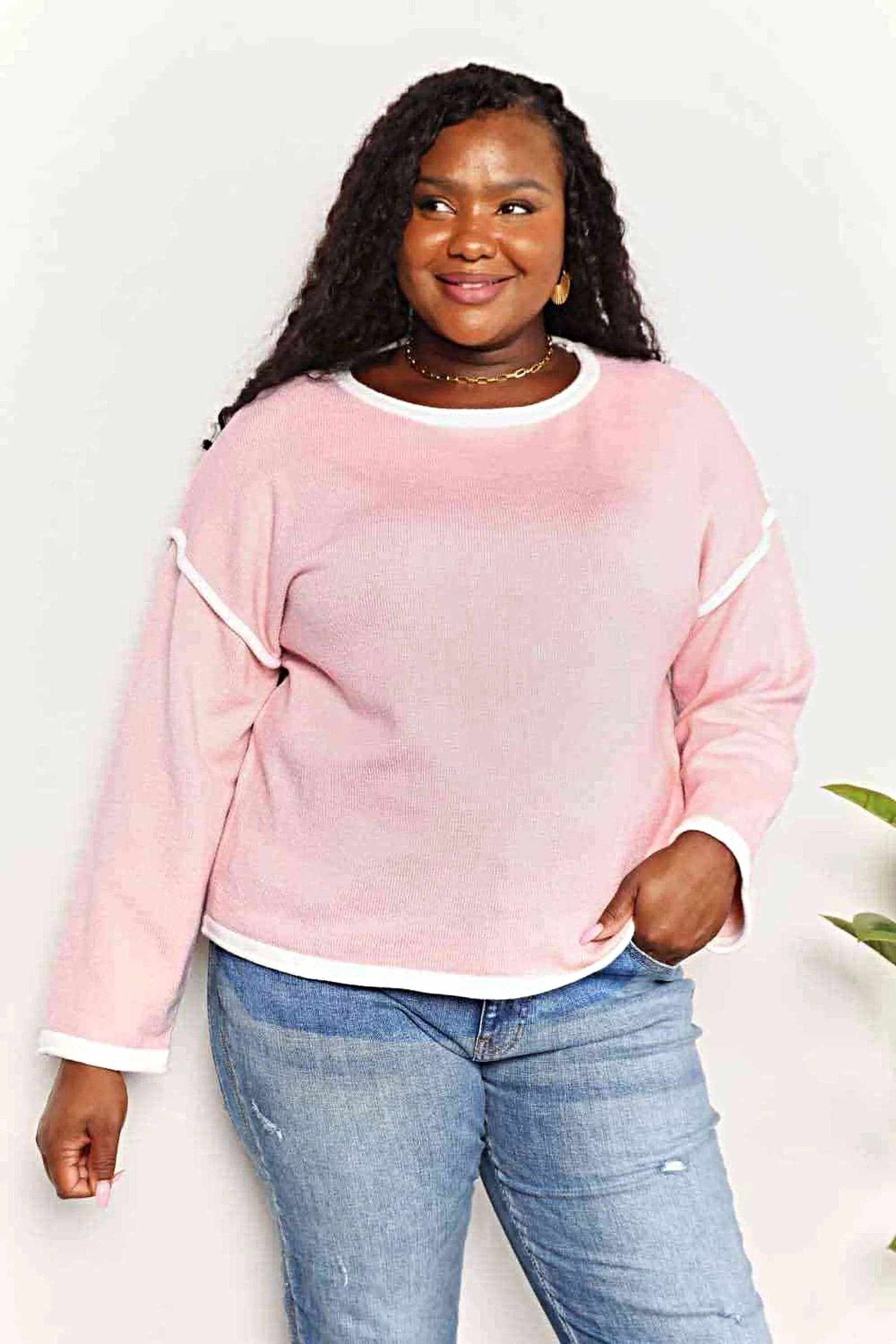 Double Take Contrast Detail Dropped Shoulder Knit Top -