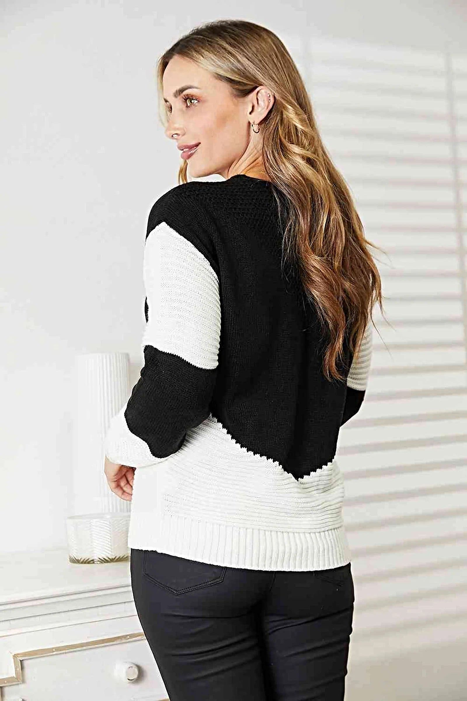 Two-Tone Openwork Rib-Knit Sweater with Long Sleeves - Cozy 100% Acrylic Fashion Essential Trendsi