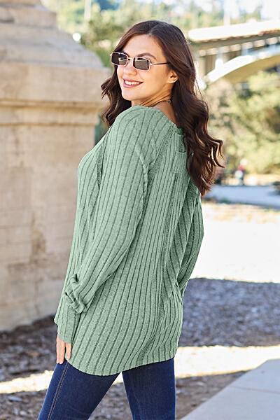 Trendy Ribbed Long Sleeve Top - Basic Bae Opaque Knit with Slight Stretch in Various Sizes Trendsi