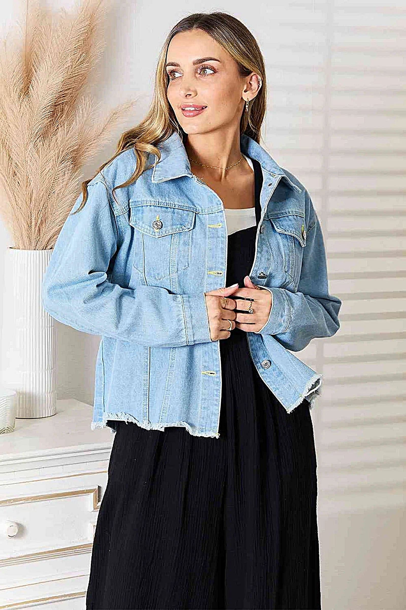 Fashionable Dropped Shoulder Denim Jacket with Raw Hem - Edgy Casual Layering Piece Trendsi