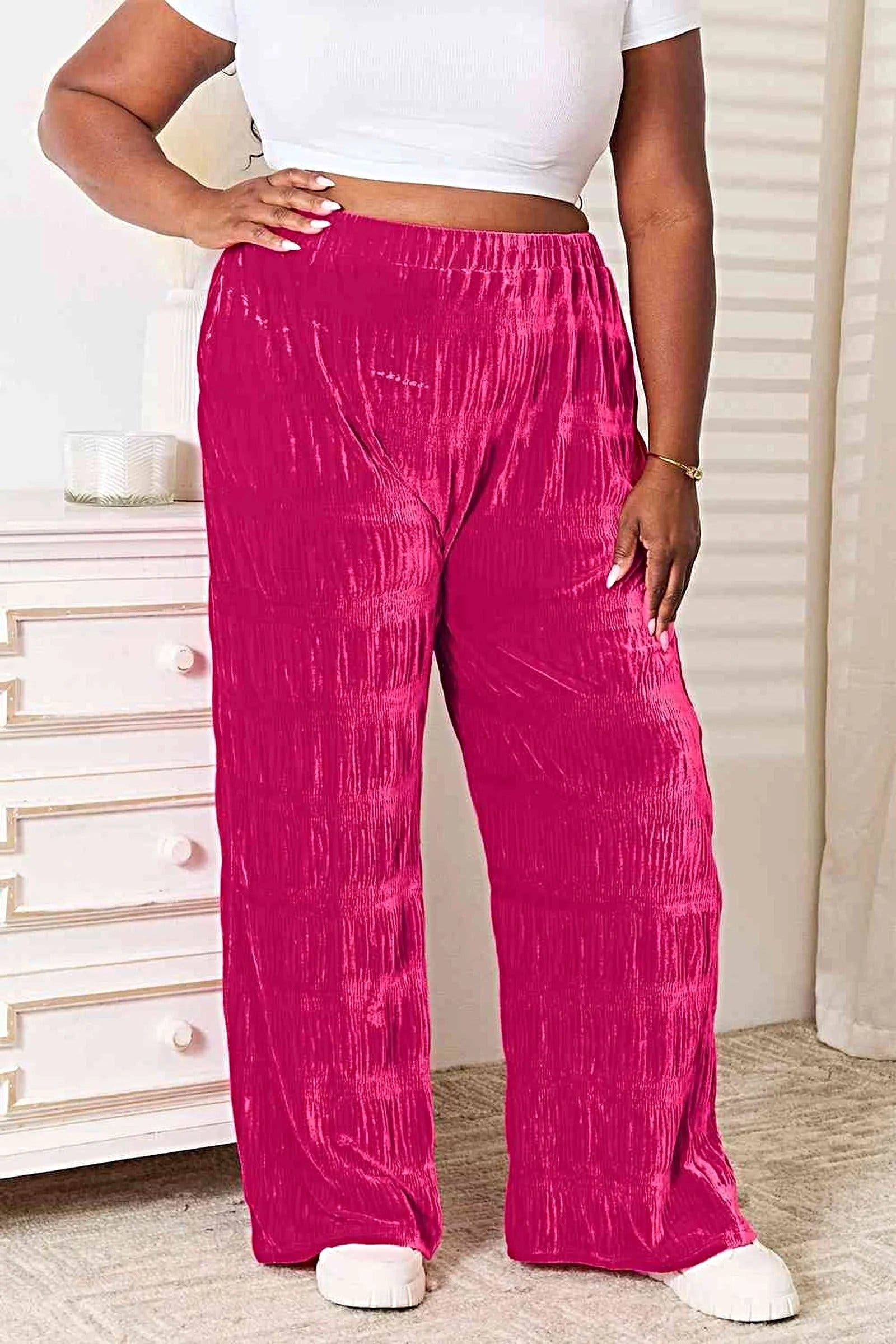 Double Take Full Size High Waist Tiered Shirring Velvet Wide Leg Pants -
