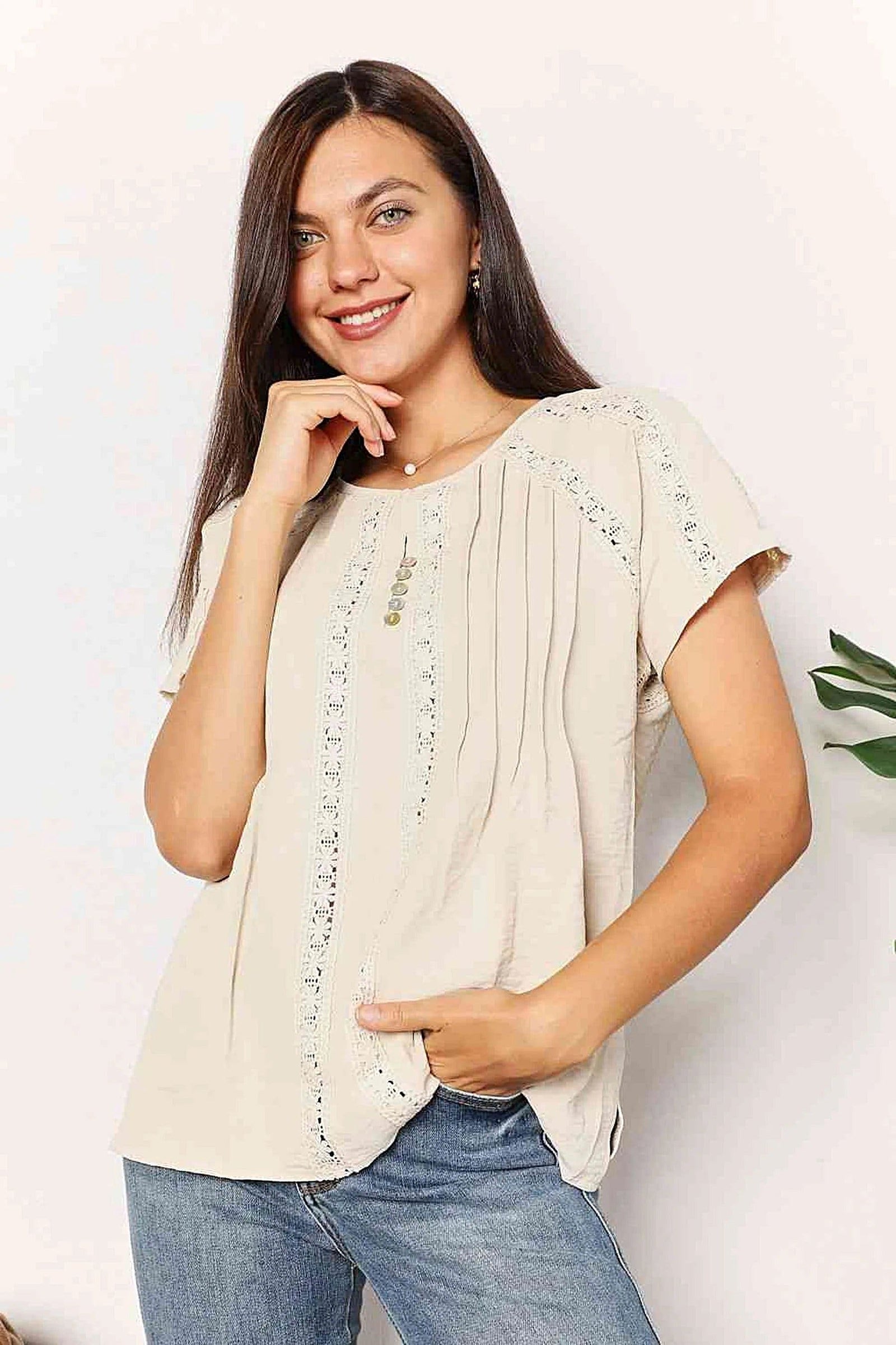 Chic Short Sleeve Crochet Shirt with Button Detail - Available in Plus Sizes Trendsi