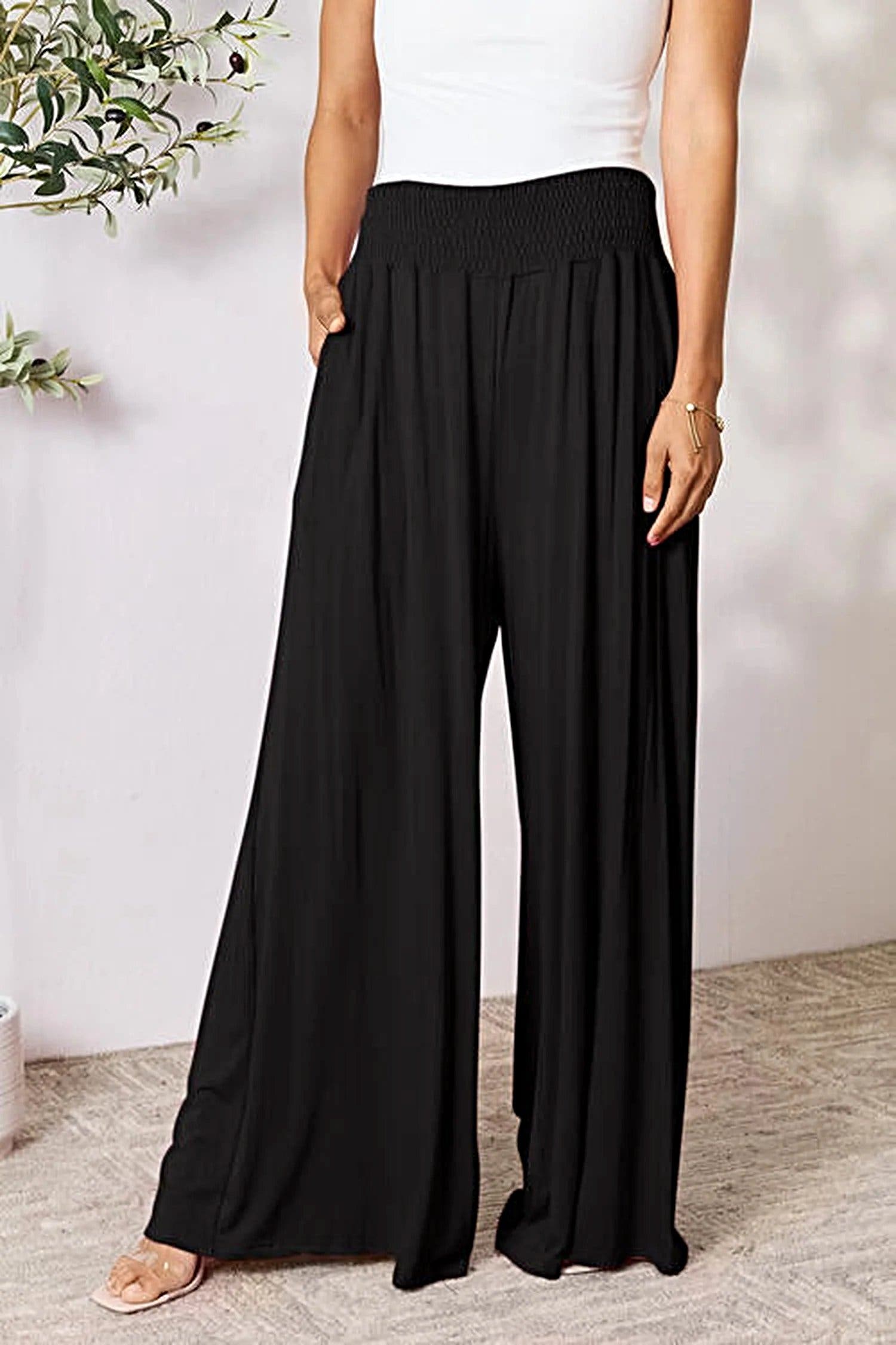 Elegant Wide Leg Pants with Smocked Waistband - Opaque Comfort in Sizes S-3XL Trendsi