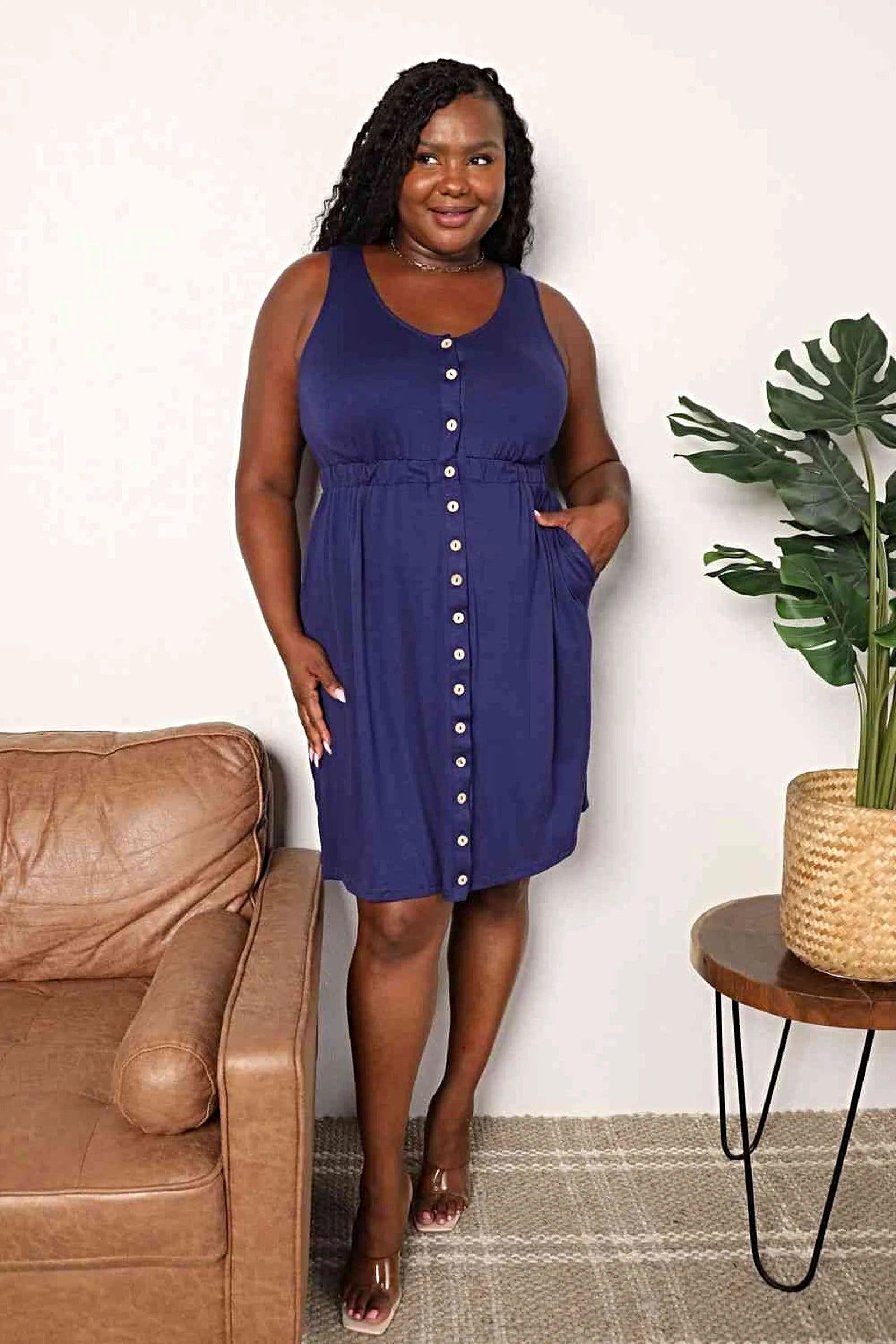 Double Take Button Front Empire Waist Sleeveless Slit Magic Dress -