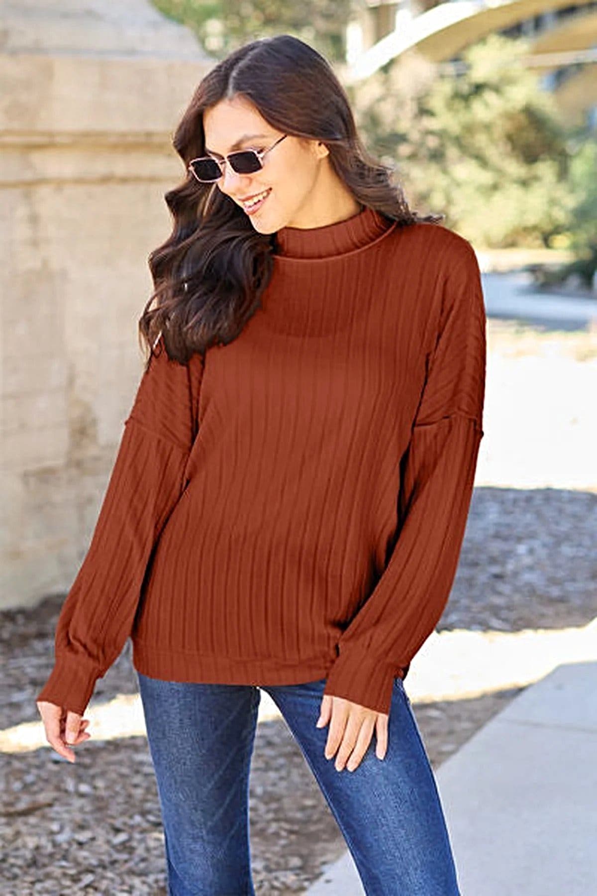 Luxury Ribbed Mock Neck Top – Full Size, Slightly Stretchy, Opaque Knit Elegance by Trendsi Trendsi