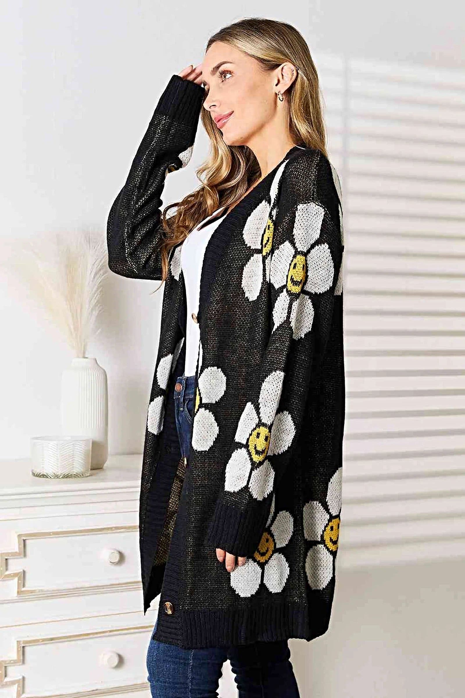 Floral Longline Cardigan - Elegant Button Down Closure, Ribbed Detail & Moderate Stretch Trendsi