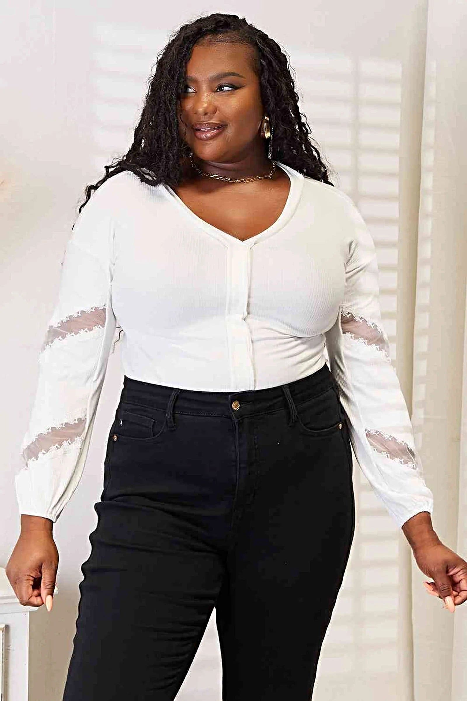Sophisticated V-Neck Blouse with Dropped Shoulders and Elegant Lace Detail Trendsi