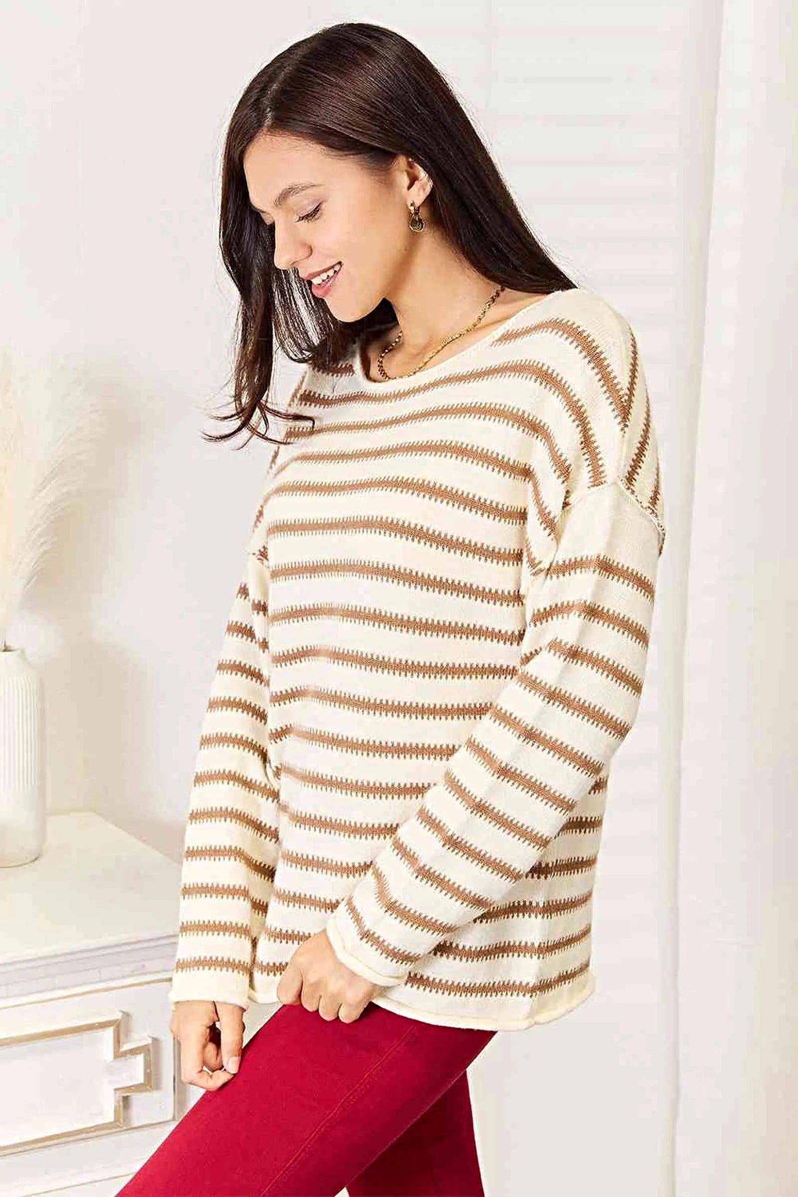 Chic Striped Boat Neck Sweater with Exposed Seam - Timeless Nautical Style Trendsi