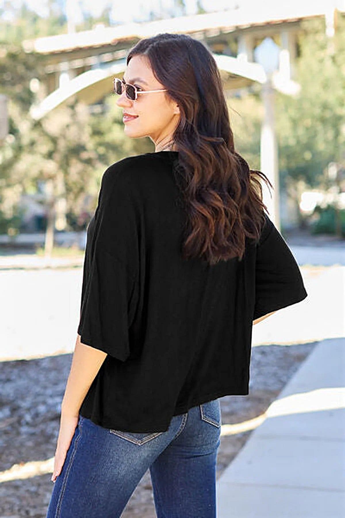 Luxury Opaque Drop Shoulder T-Shirt with Slight Stretch - Full Size, 95% Polyester Trendsi