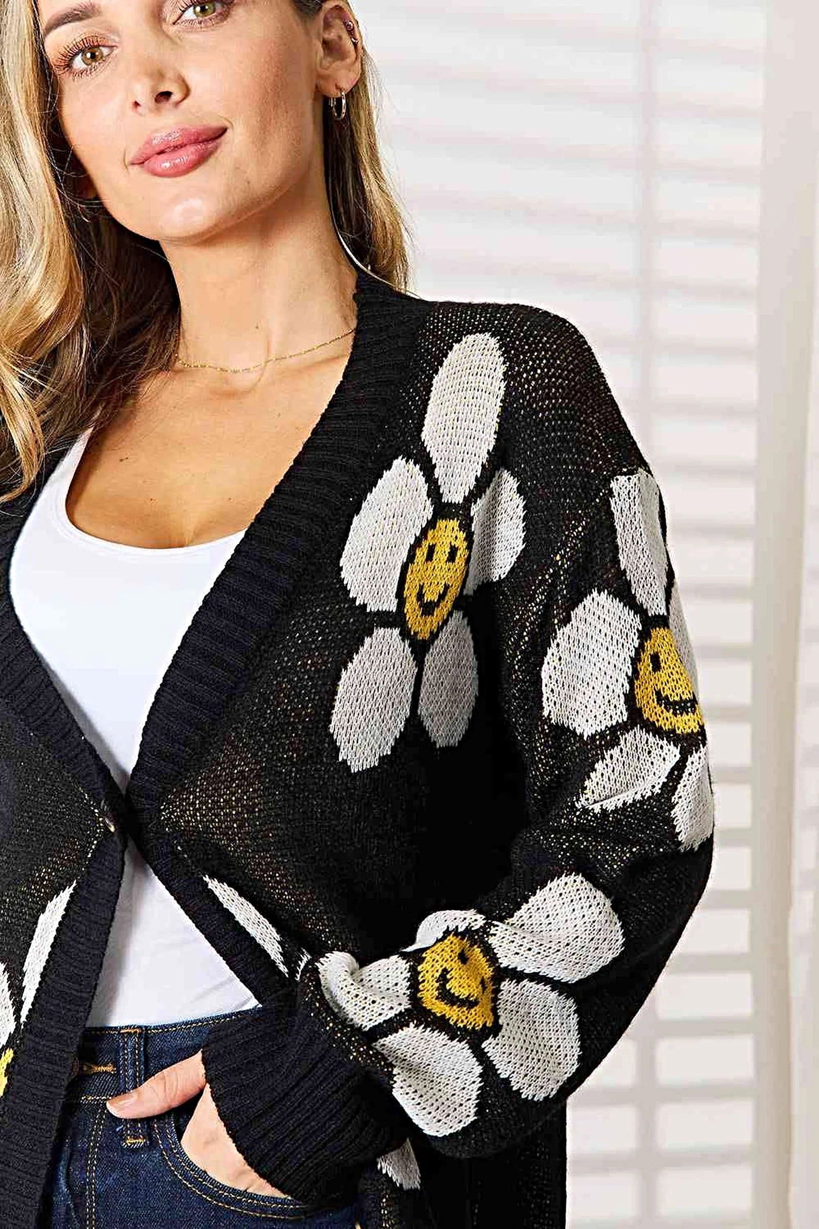 Floral Longline Cardigan - Elegant Button Down Closure, Ribbed Detail & Moderate Stretch Trendsi
