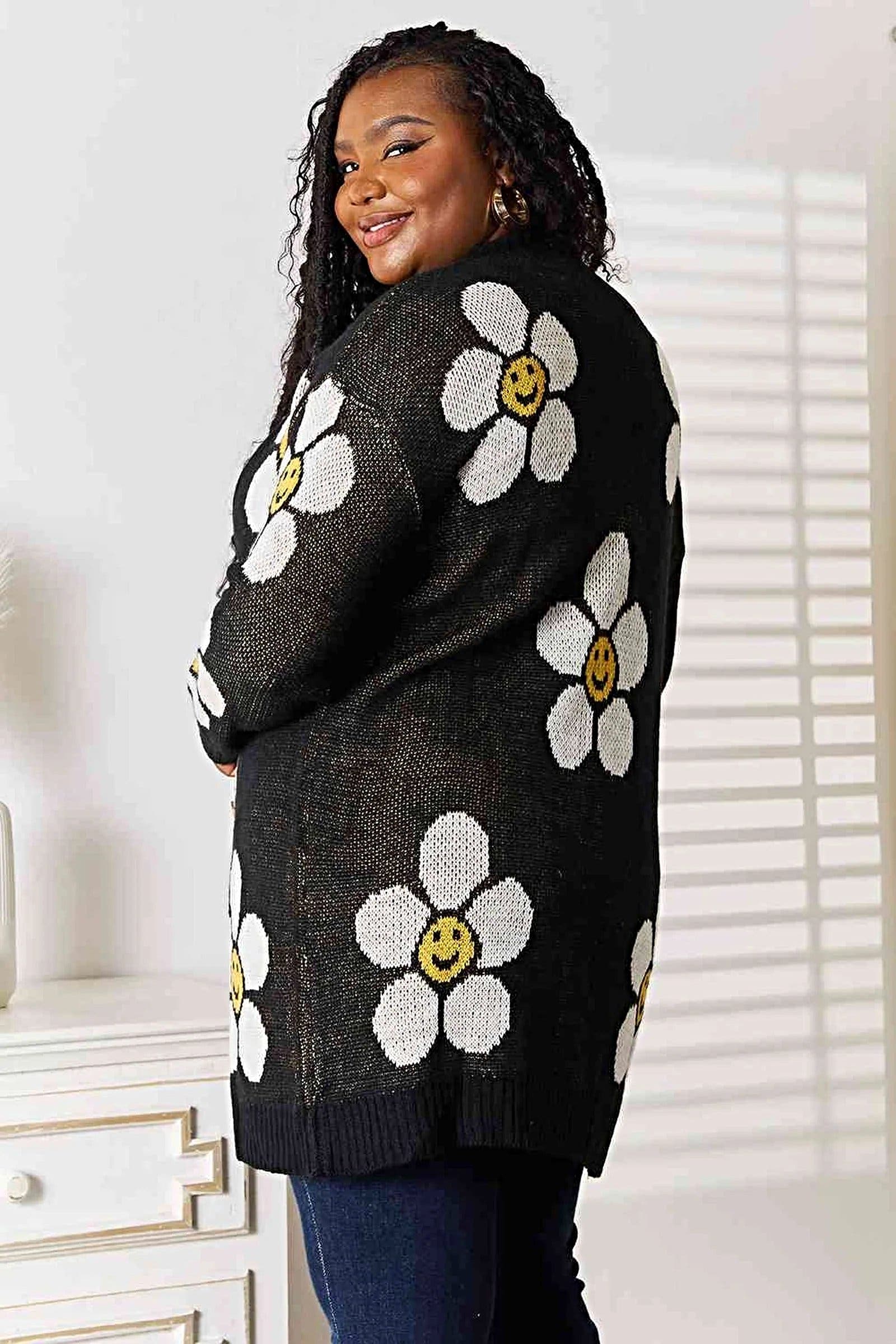 Floral Longline Cardigan - Elegant Button Down Closure, Ribbed Detail & Moderate Stretch Trendsi