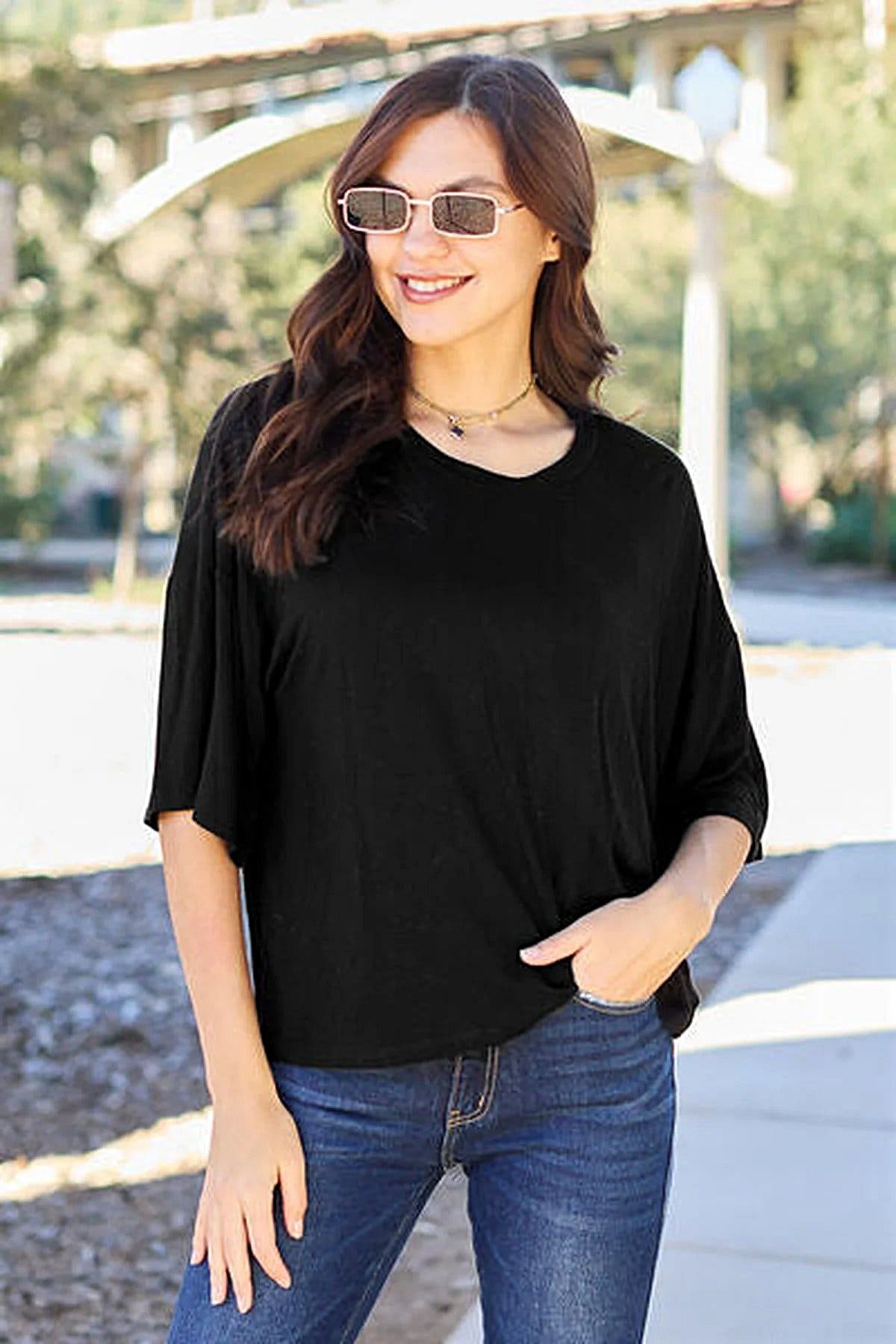 Luxury Opaque Drop Shoulder T-Shirt with Slight Stretch - Full Size, 95% Polyester Trendsi