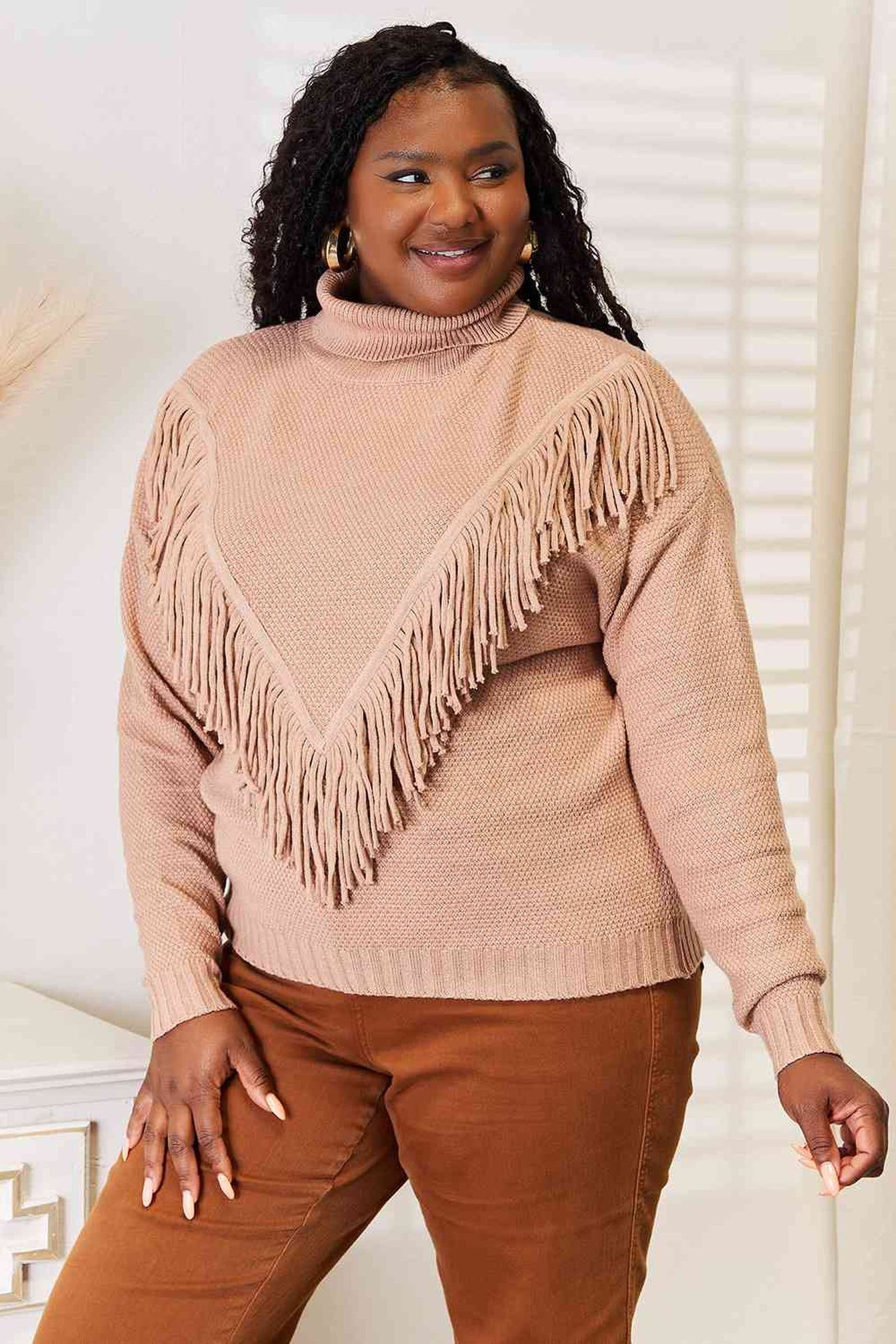 Woven Right Turtleneck Fringe Front Long Sleeve Sweater -