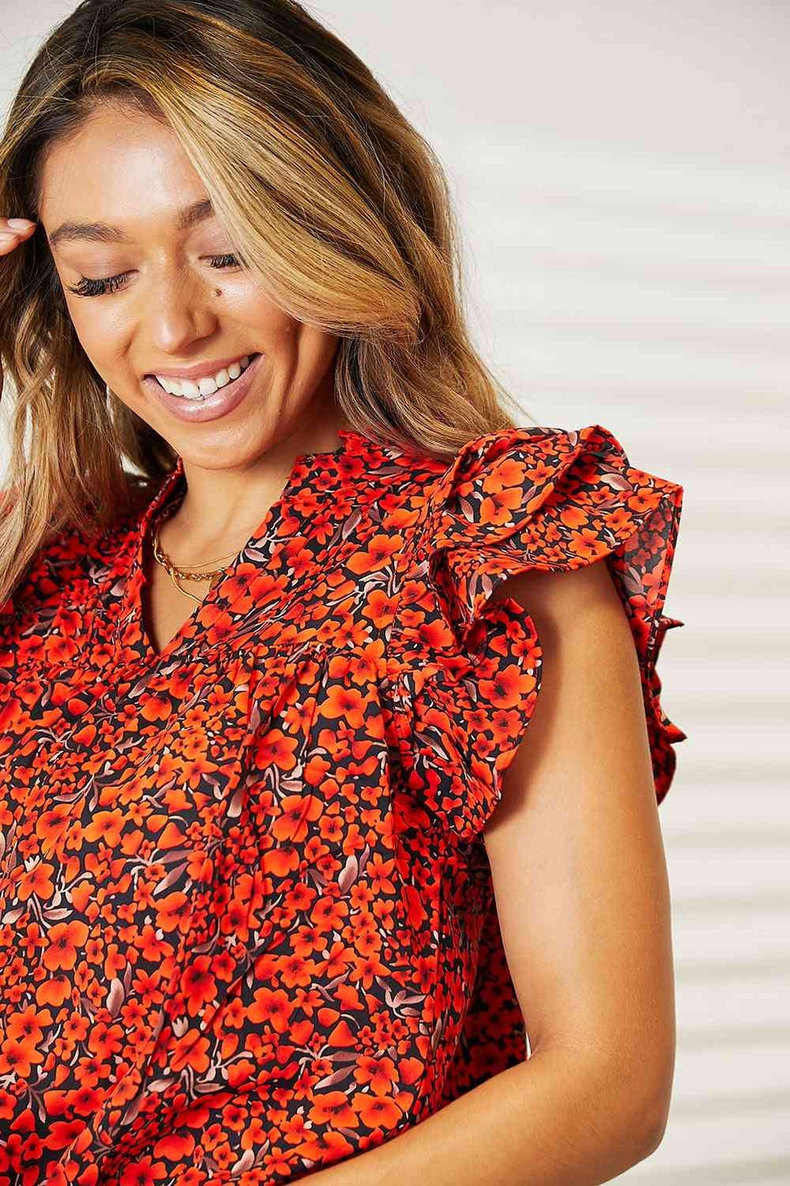 Double Take Floral Flutter Sleeve Notched Neck Blouse -