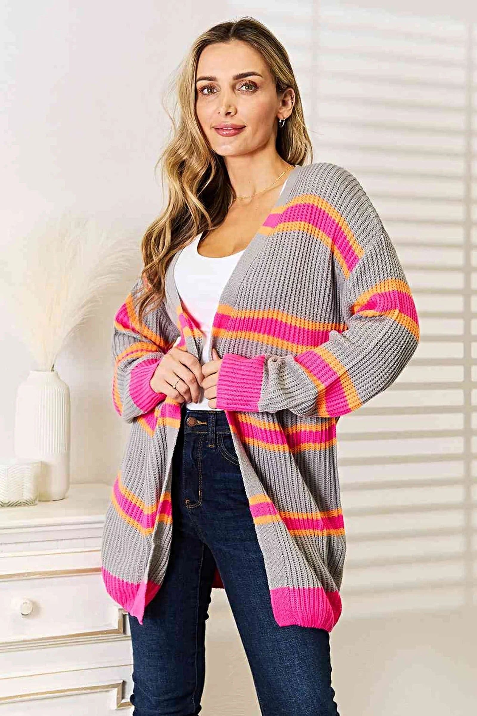 Chic Ribbed Long Sleeve Cardigan in 100% Acrylic - Cozy, Elegant, and Perfect for Layering Trendsi