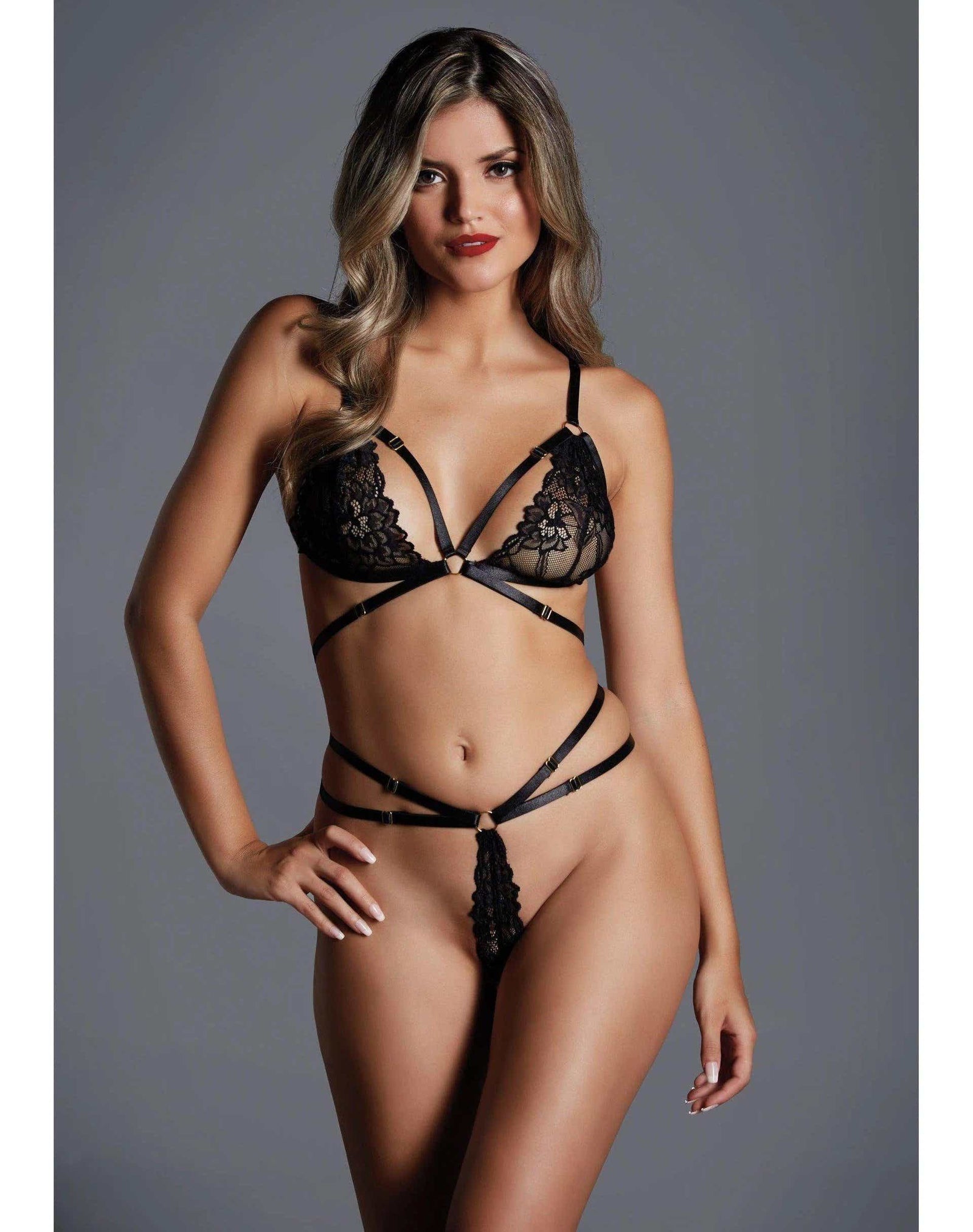 The Flame, Just too hot to handle. The lace & strappy bralette matching thong in Black - Pixie G-String with lace front panel