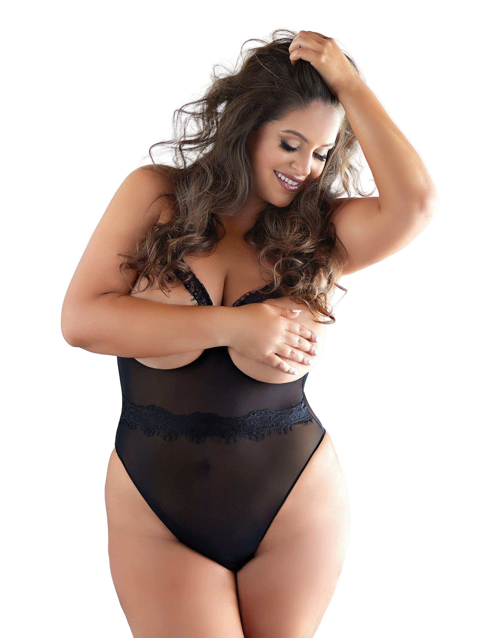 Selena Plus Size Sheer Mesh Open Cup Teddy with Eyelash Lace, Adjustable Halter Neck Allure Lingerie