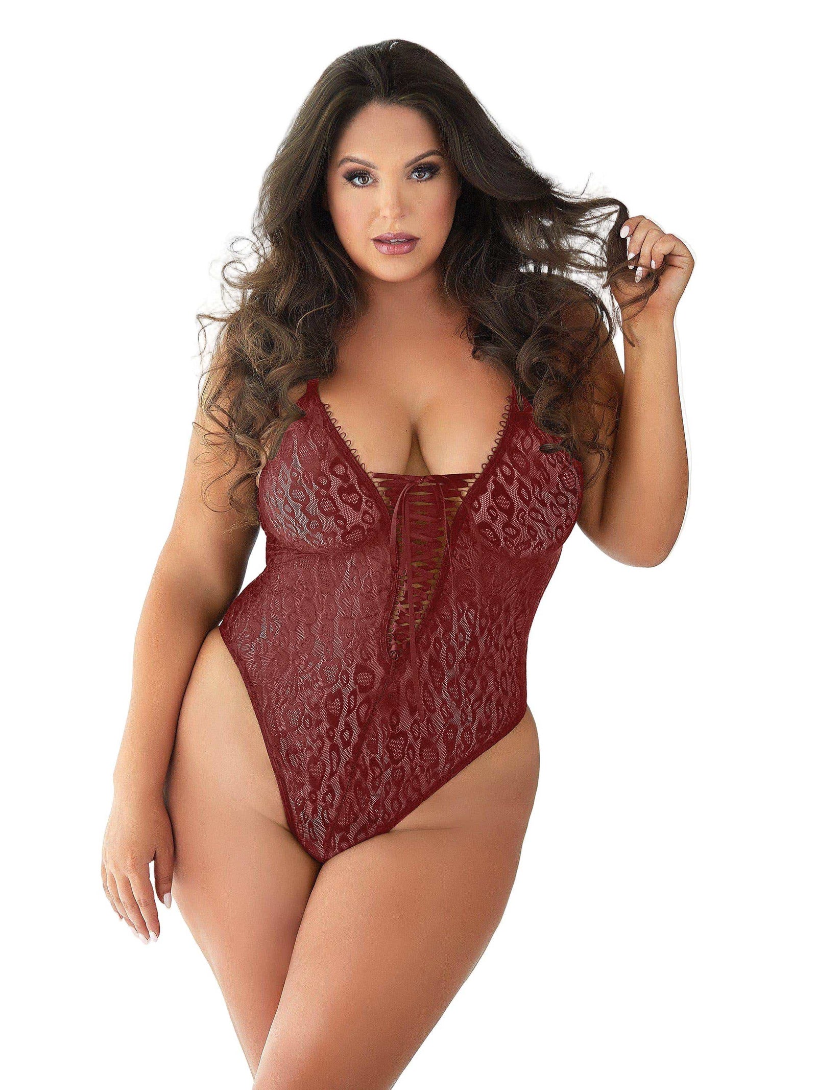 Plus Size Teddy - Rayna Leopard Lace-Up Design with Adjustable Straps in Burgundy - 1X/2X Allure Lingerie