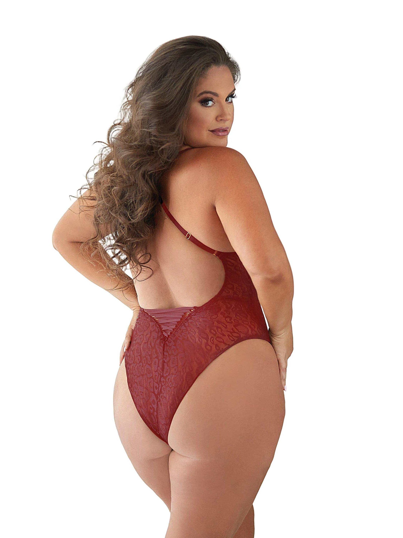 Plus Size Teddy - Rayna Leopard Lace-Up Design with Adjustable Straps in Burgundy - 1X/2X Allure Lingerie