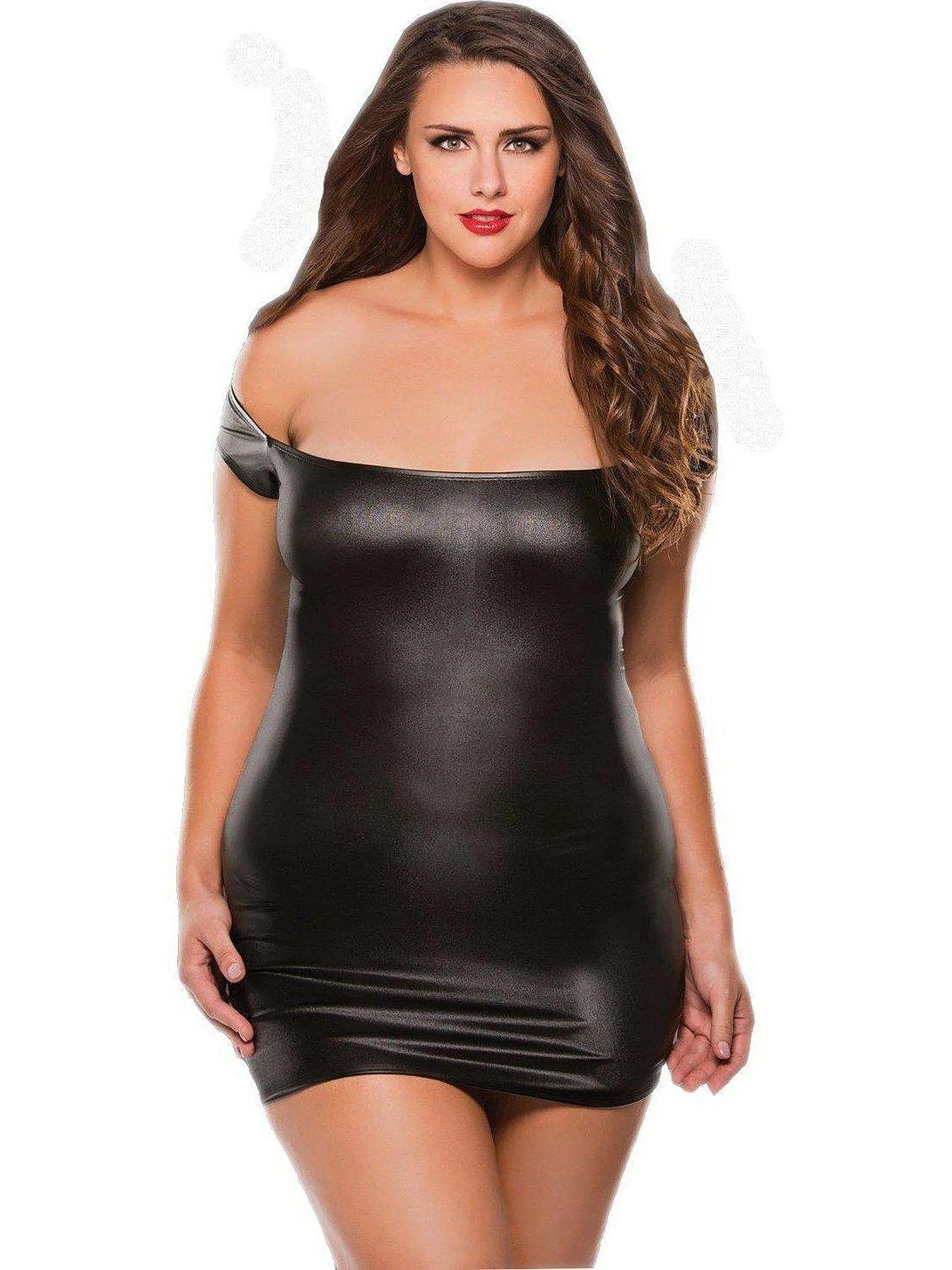 Off Shoulder Dress. ravishing, figure clinging ultra soft faux leather in Black or Red - Women's Sensual Off Shoulder Dress