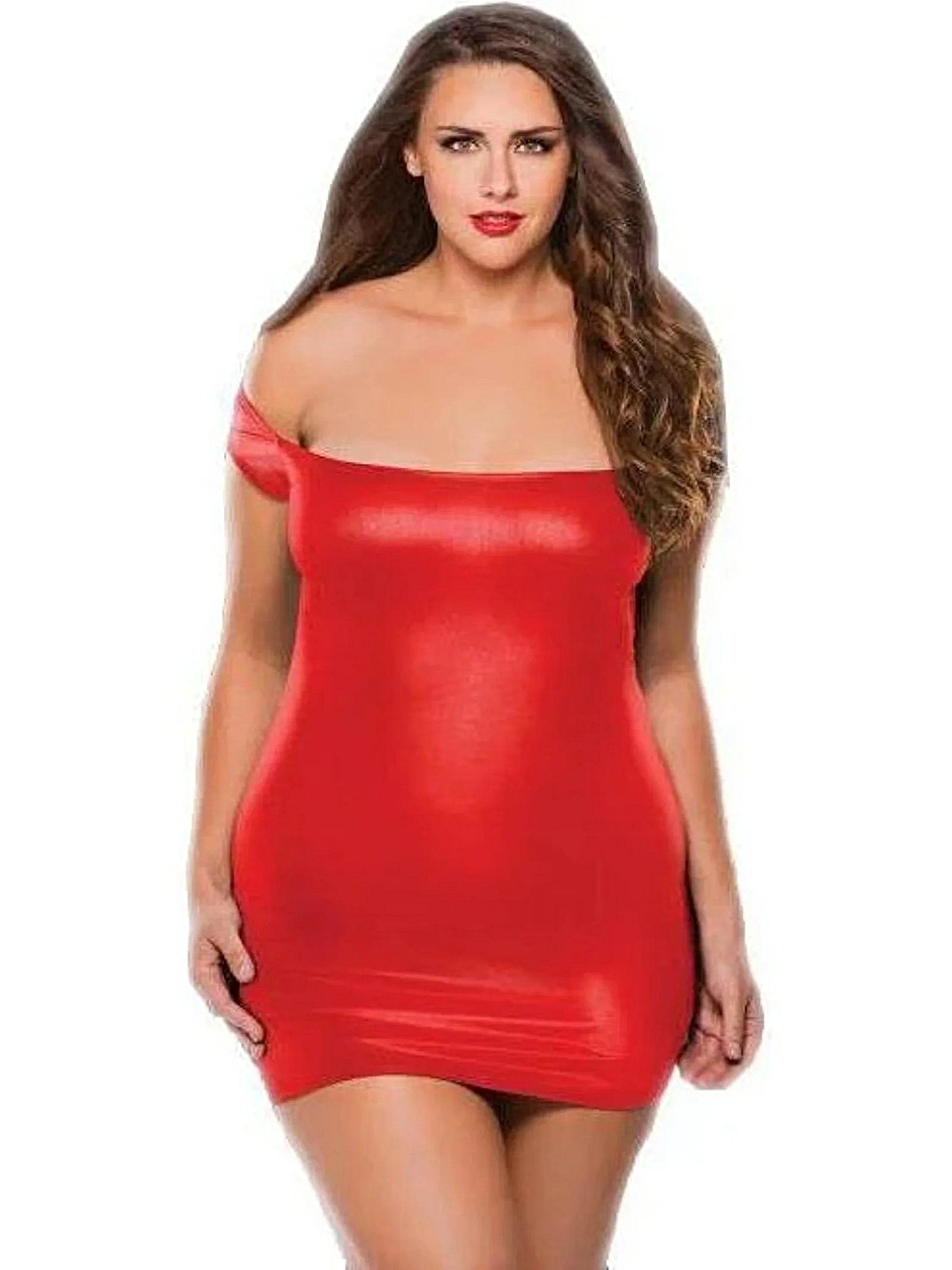 Off Shoulder Dress. ravishing, figure clinging ultra soft faux leather in Black or Red - Women's Sensual Off Shoulder Dress