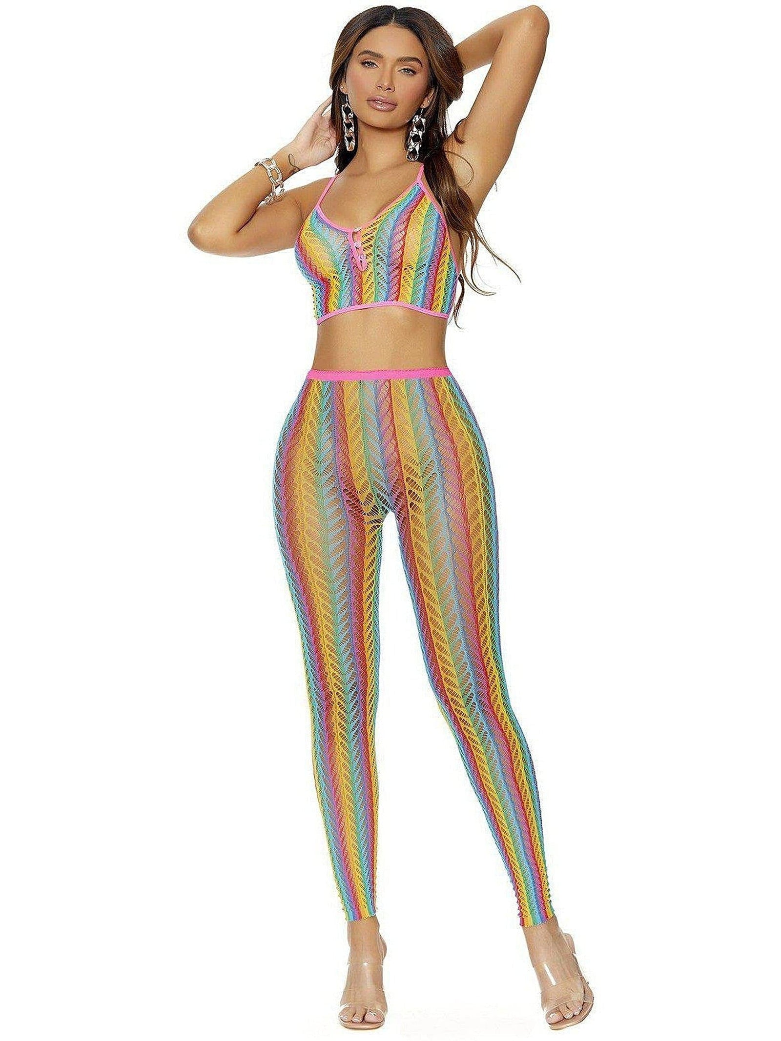 Elegant Moments Multicolor Cami Top Set with Crochet Net Design and Matching Leggings Elegant Moments