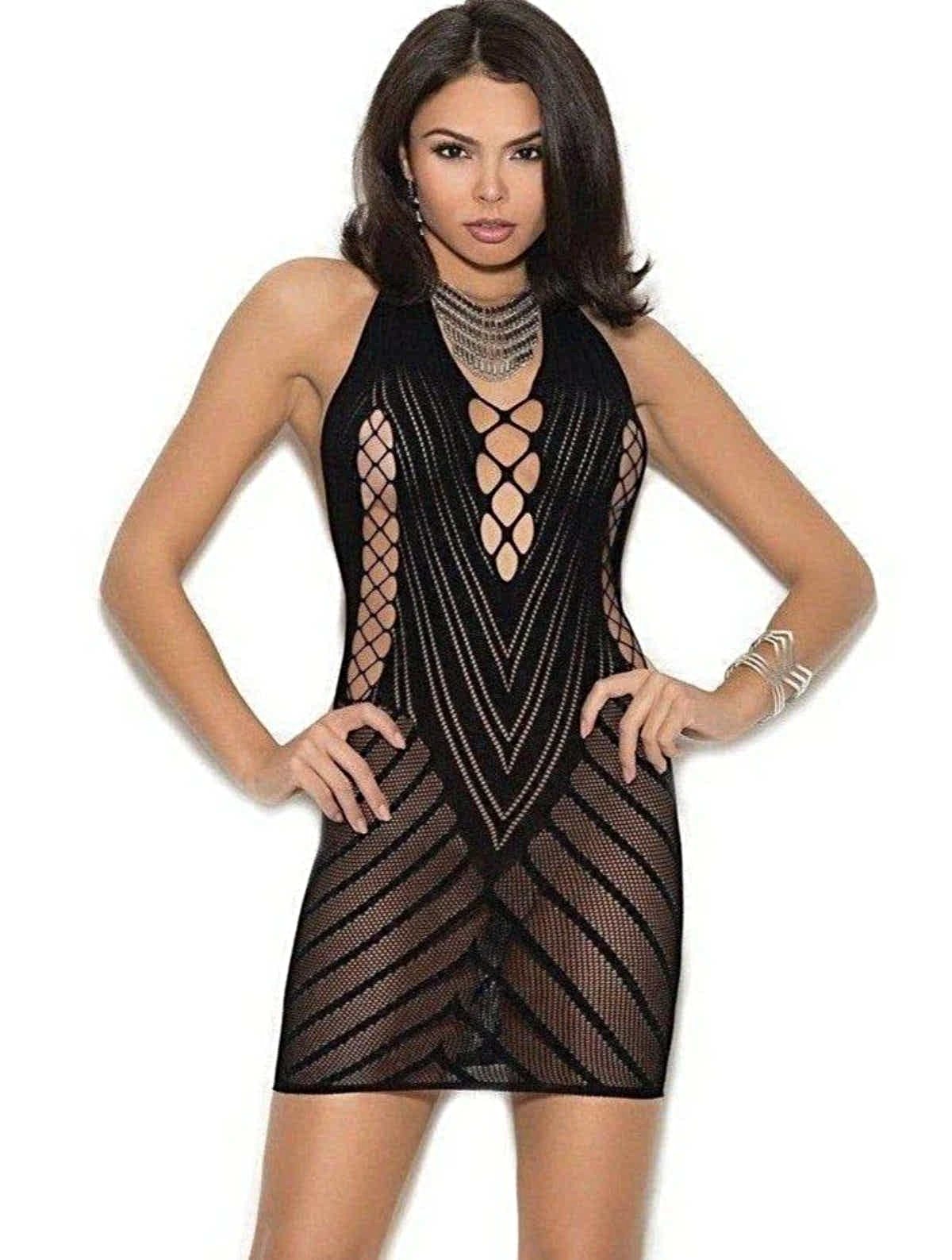 Elegant Moments 1371 Black Crochet Halter Neck Dress with Cut Out Detailing Elegant Moments