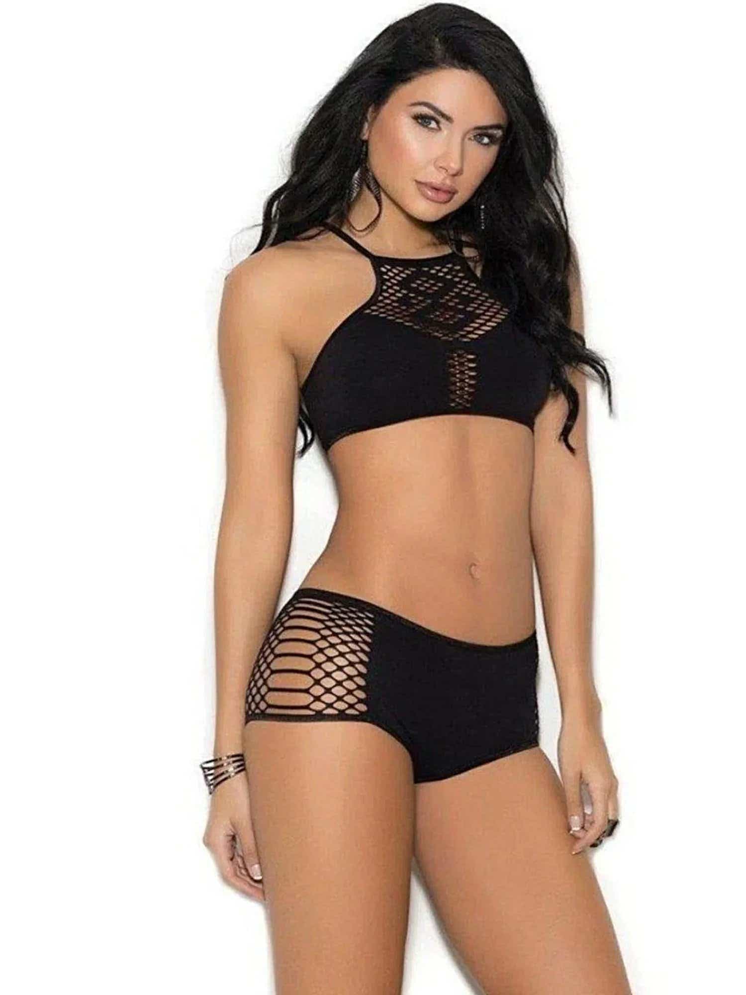 Elegant Moments 1372 Black Opaque Bralette Sets with Cut Out Detailing and Booty Shorts Elegant Moments