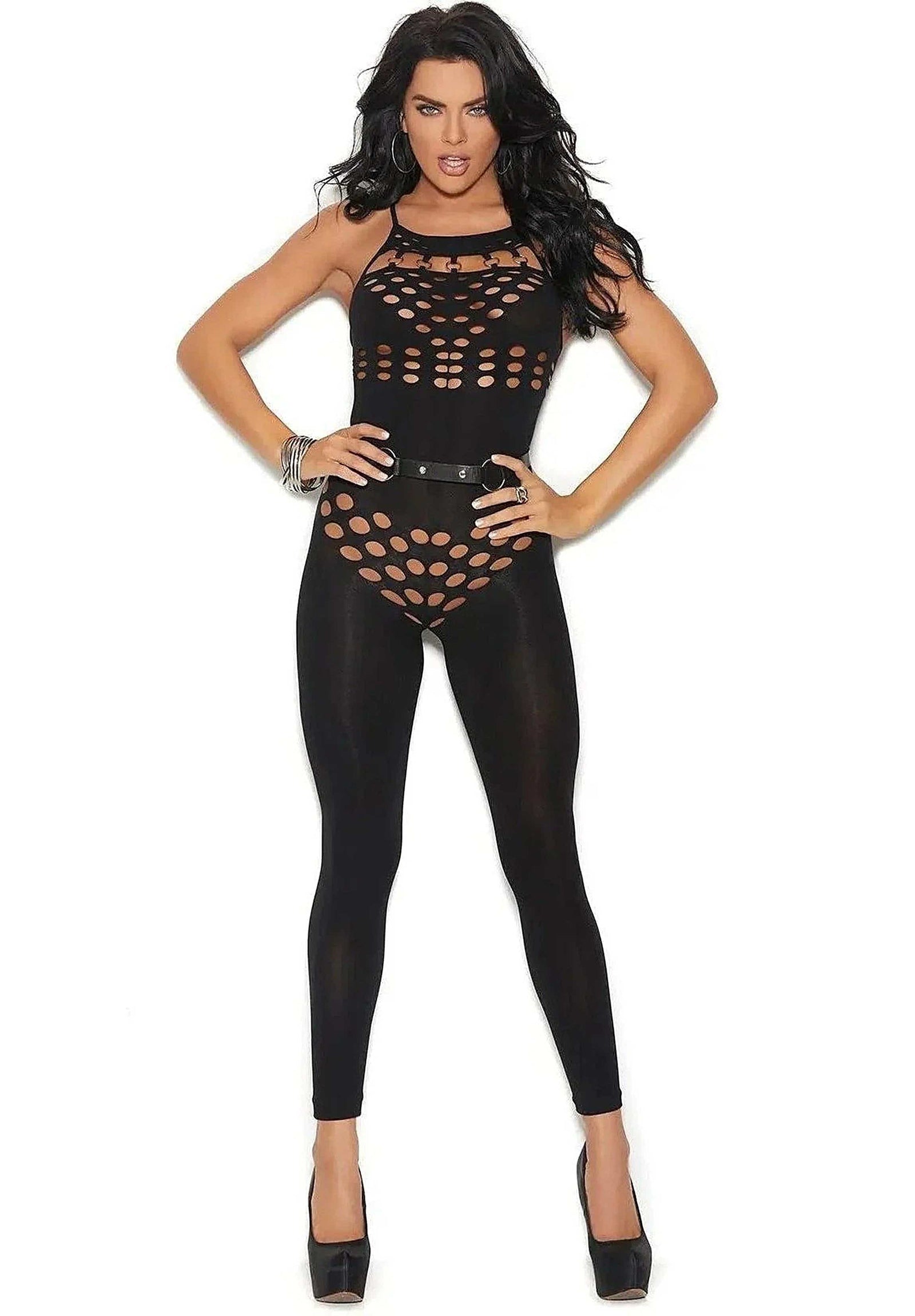 Elegant Moments Opaque Footless Bodystocking with Halter Neck and Cut-Out Detailing Elegant Moments