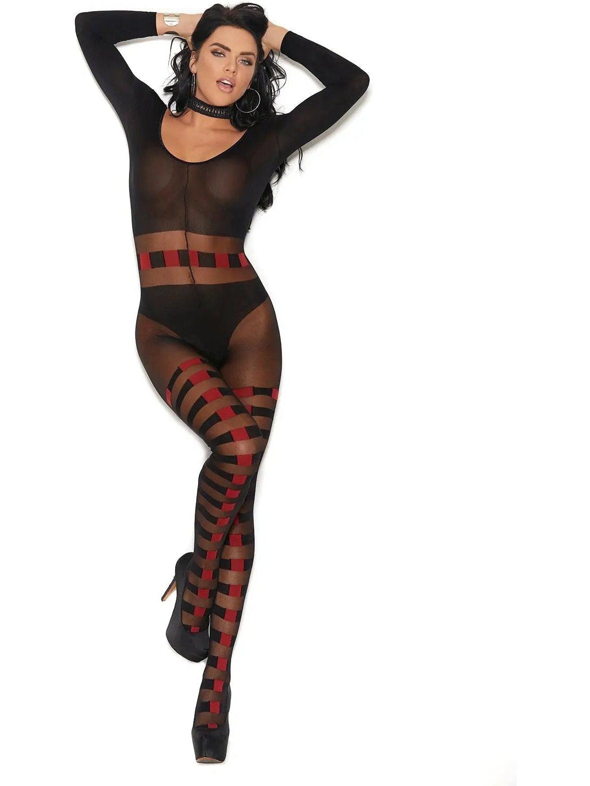 Elegant Moments Long Sleeve Bodystocking with Horizontal Stripes in Classic Black and Red Elegant Moments