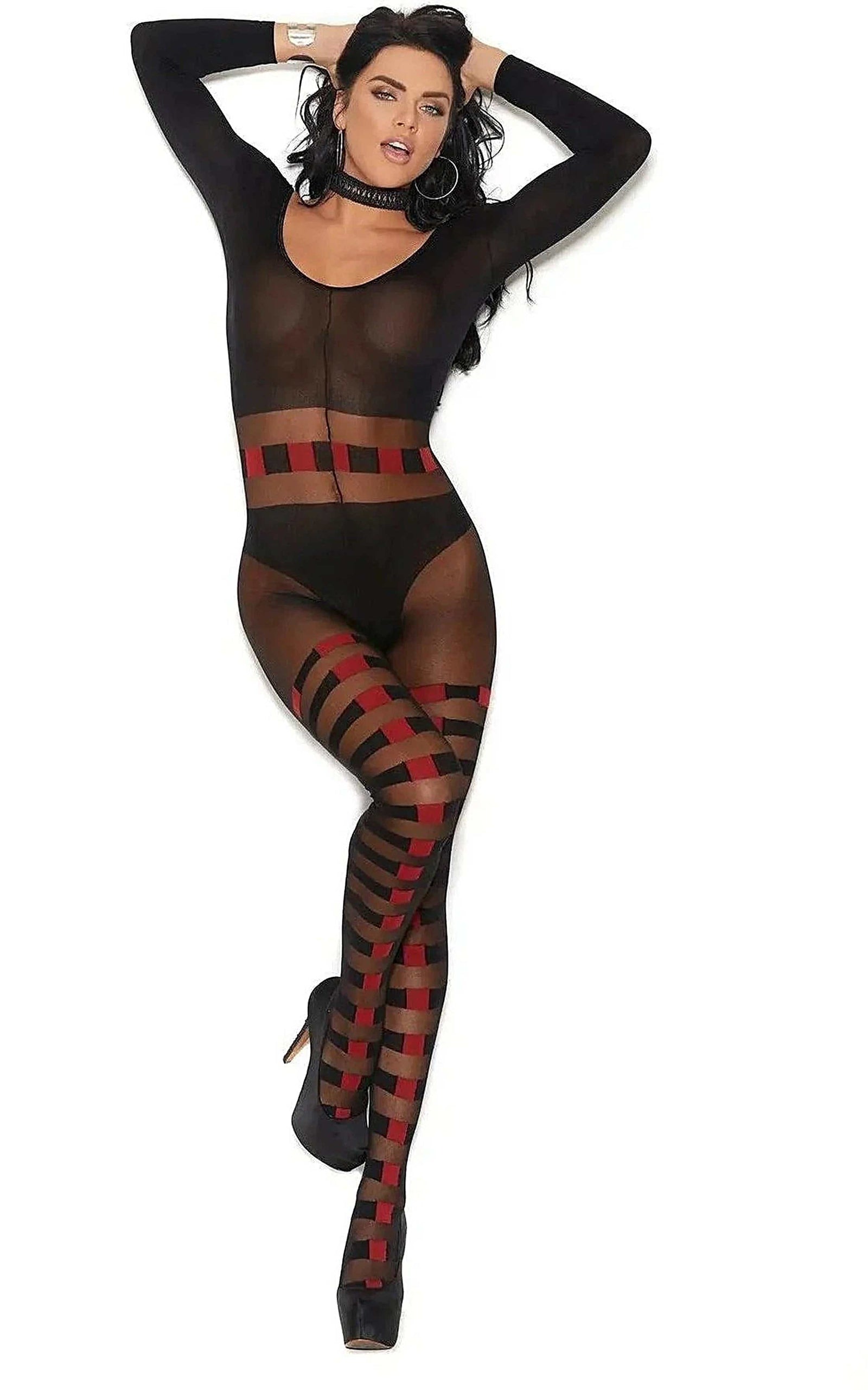 Elegant Moments Long Sleeve Bodystocking with Horizontal Stripes in Classic Black and Red Elegant Moments