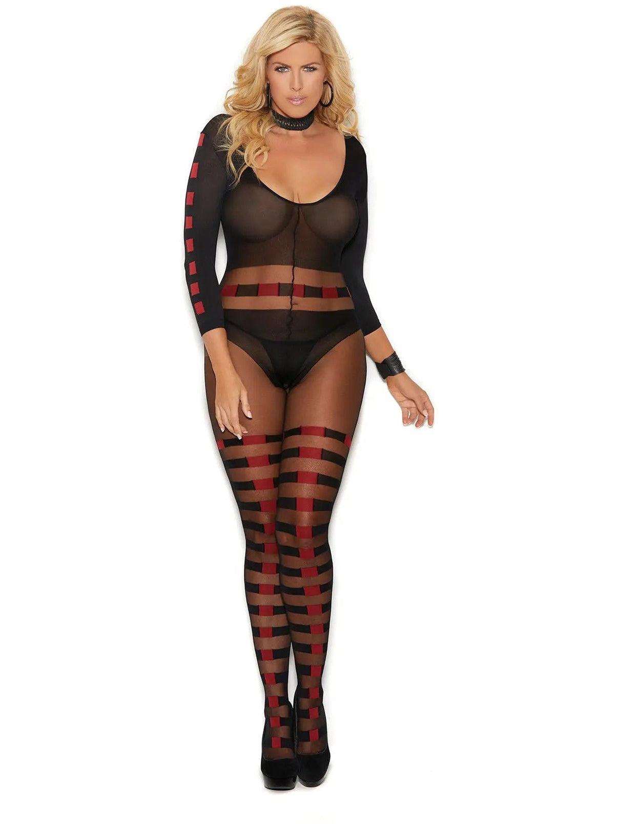 Elegant Moments Long Sleeve Bodystocking with Sheer and Opaque Stripes in Bold Black and Red Elegant Moments