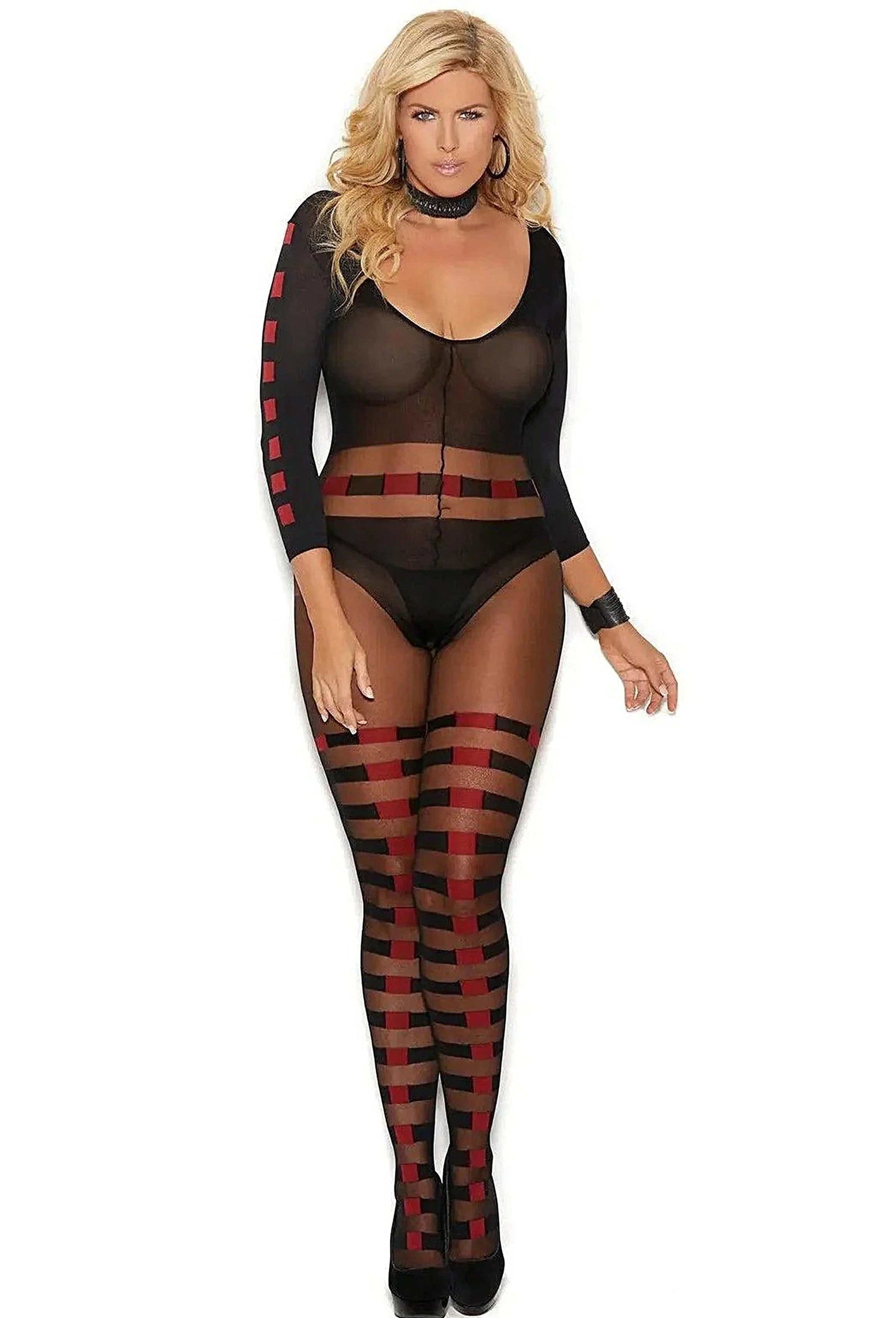 Elegant Moments Long Sleeve Bodystocking with Sheer and Opaque Stripes in Bold Black and Red Elegant Moments