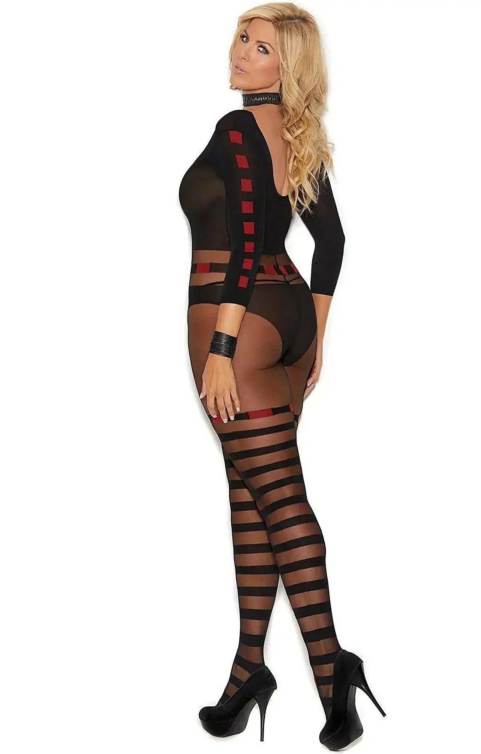 Elegant Moments Long Sleeve Bodystocking with Sheer and Opaque Stripes in Bold Black and Red Elegant Moments