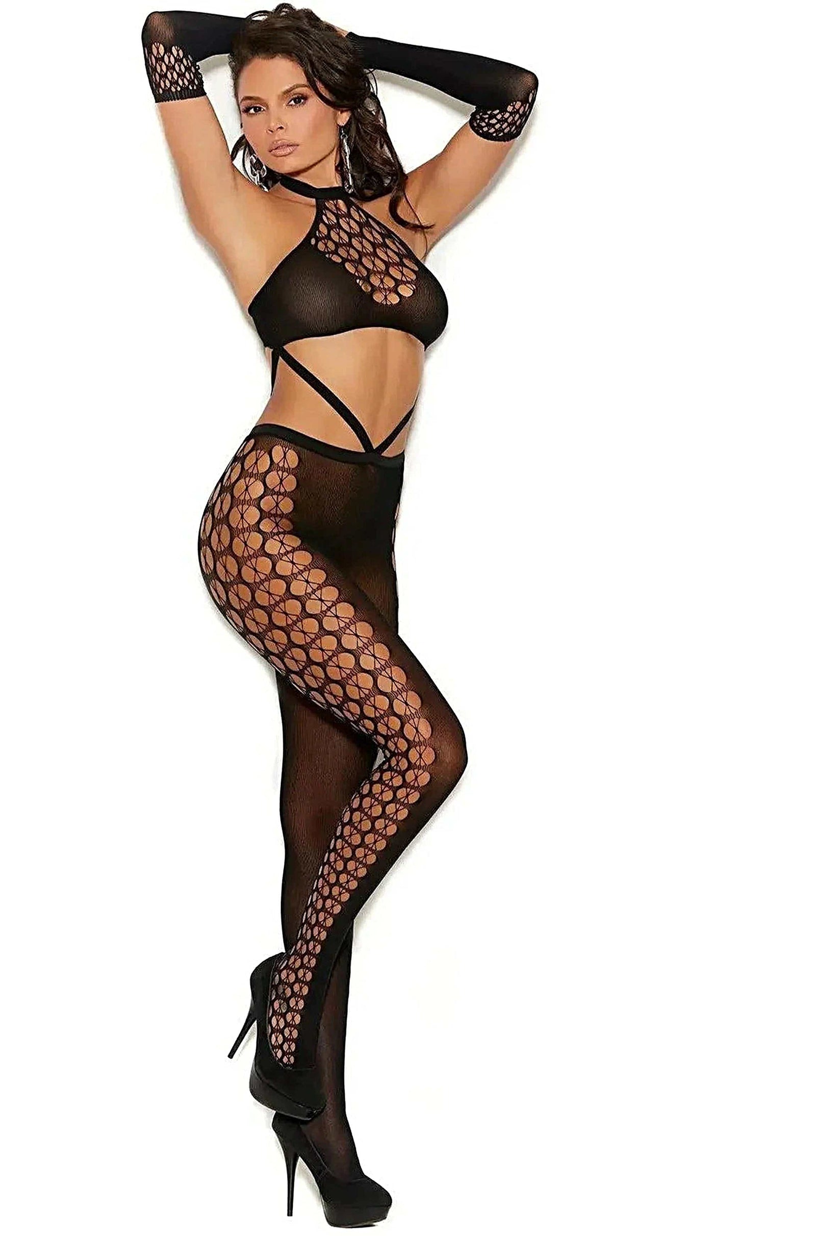 Elegant Moments Black Bodystocking With Gloves EM-82262 - Unique Crochet Design, One Size Fits All Elegant Moments