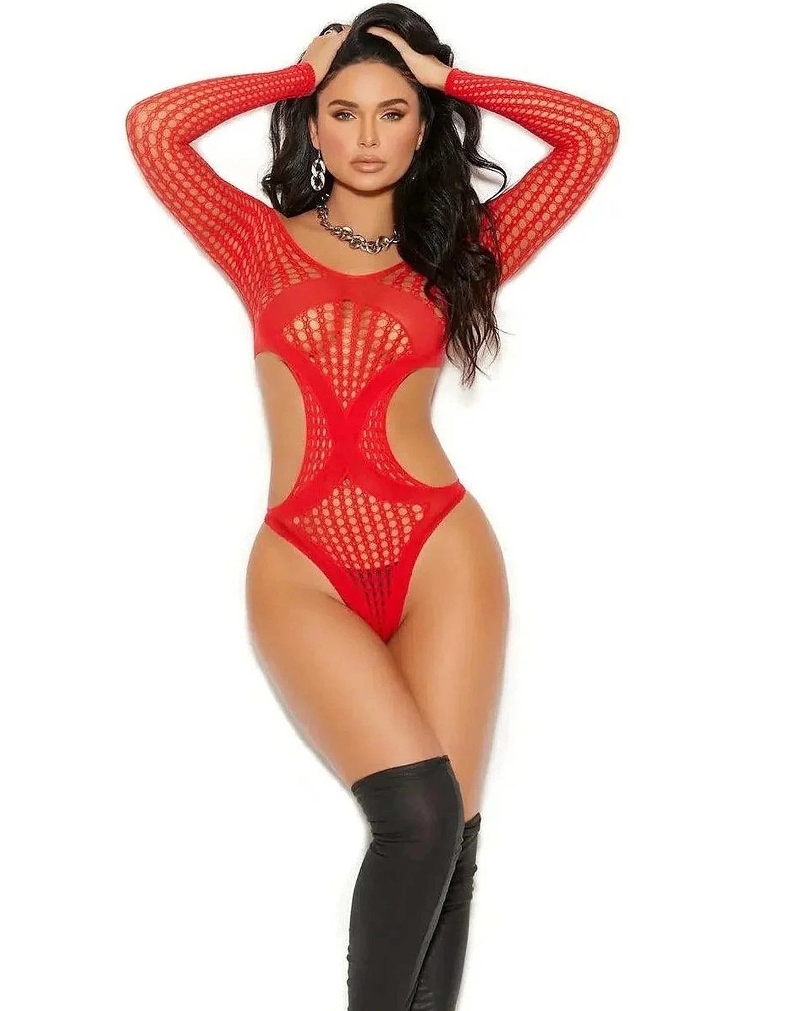 Elegant Moments Long Sleeve Teddy with Cut-Out Sides in Red and Chartreuse Elegant Moments