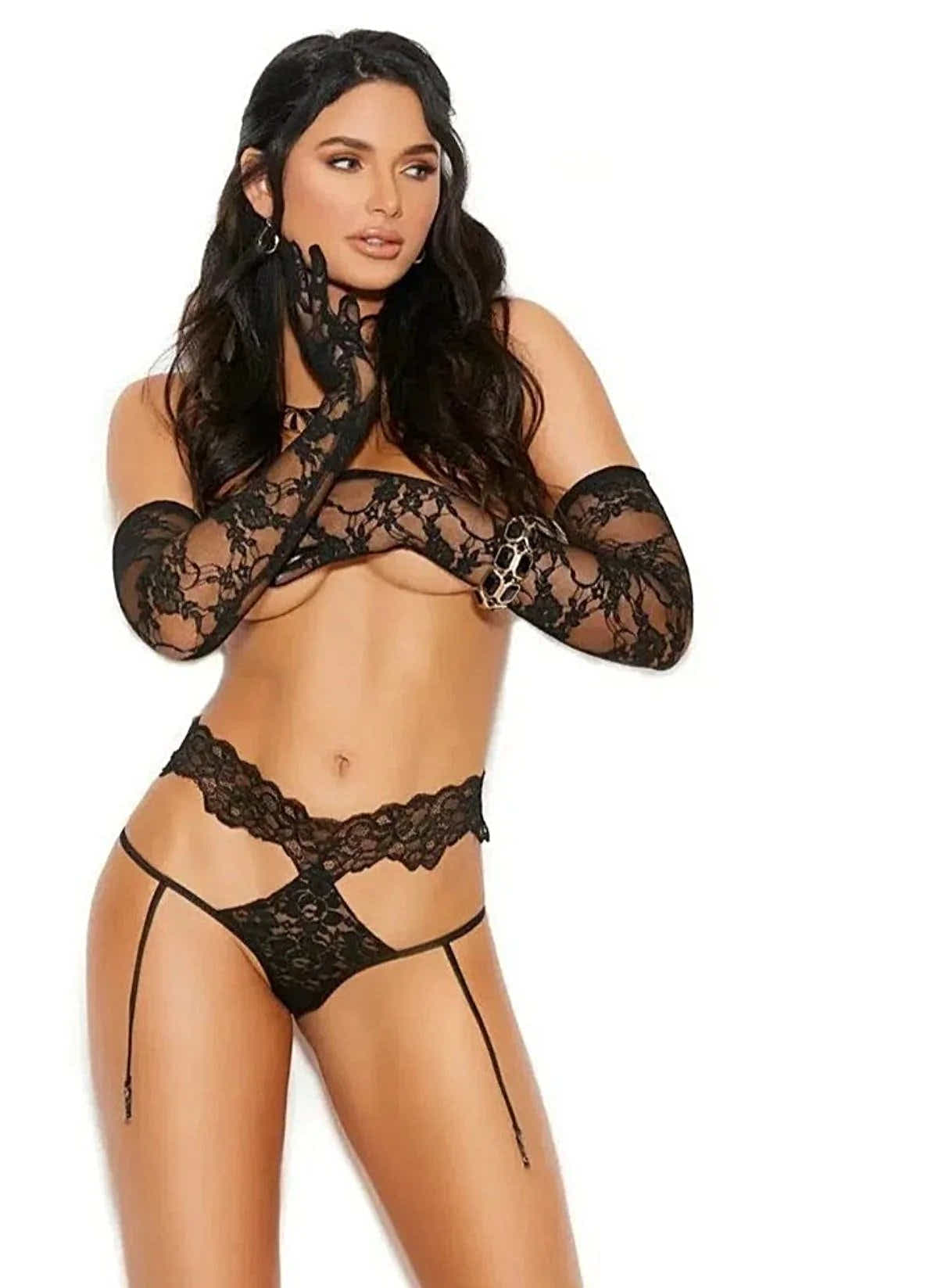 Elegant Moments 82334 Women's Lace Garter Thong with Attached Garters in White Elegant Moments