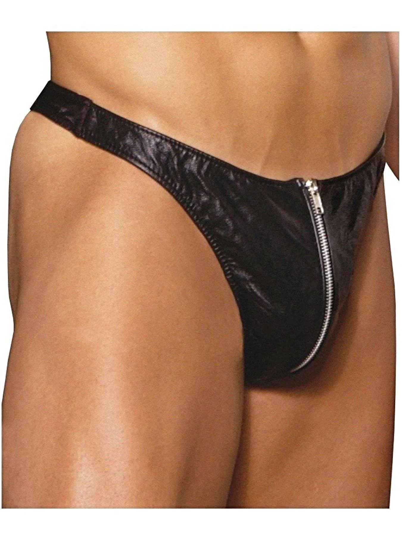 Elegant Moments Men's Leather Zip-Up Thong - Stylish Black Thong in O/S & X/L Sizes Elegant Moments