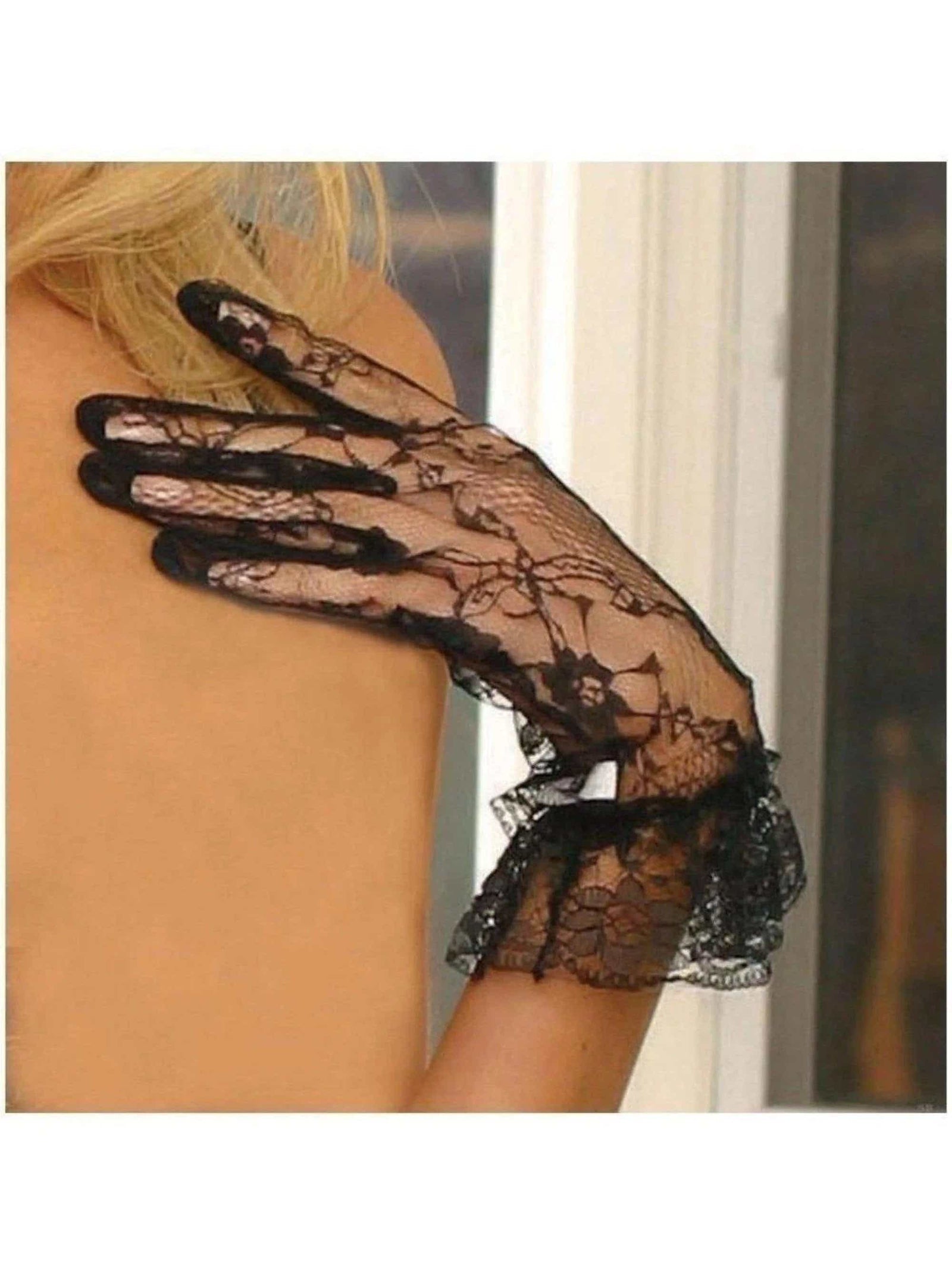 Elegant Moments Lace Wrist Gloves with Ruffle Trim - Black, Wrist-Length Charm Elegant Moments