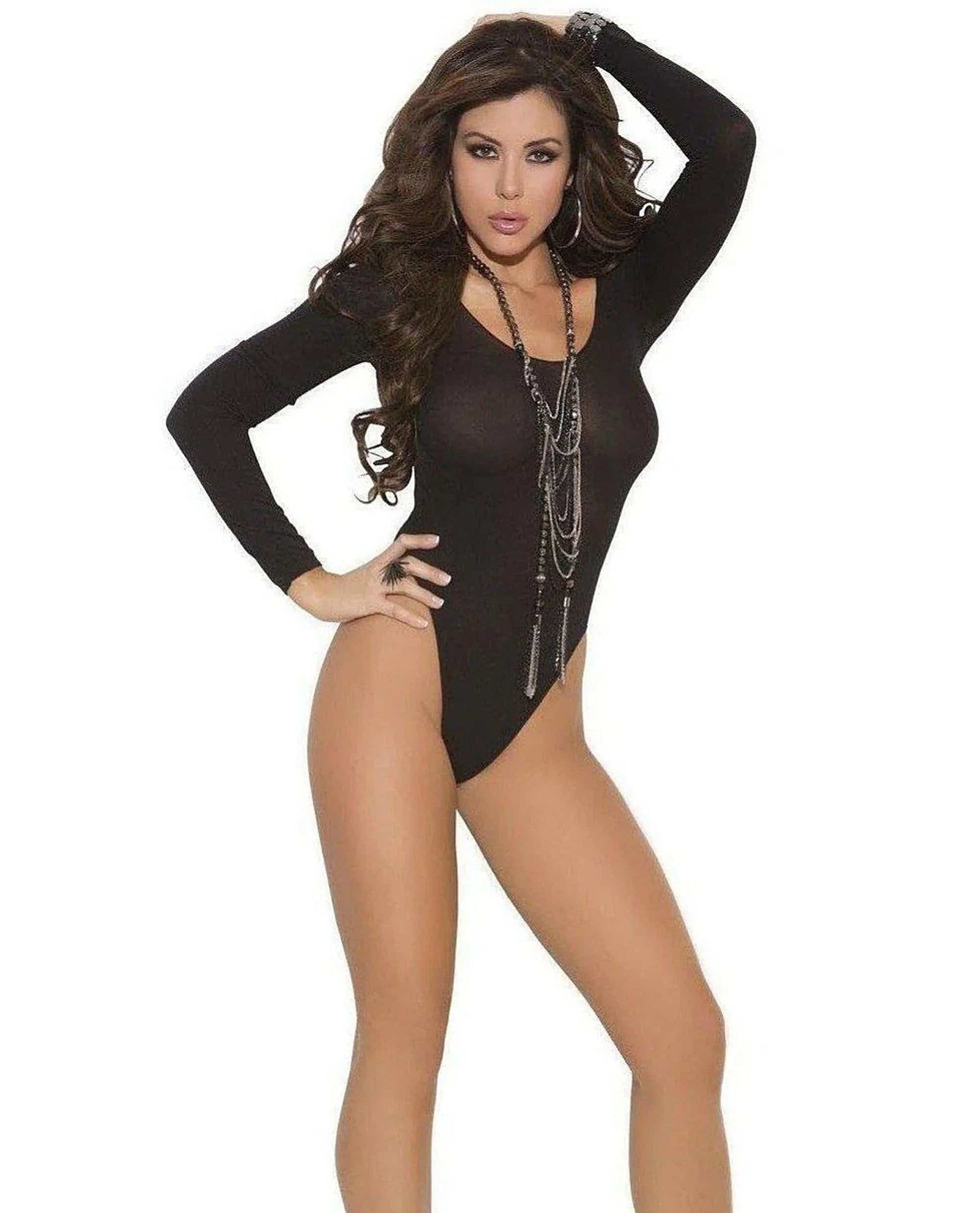 Elegant Moments Long Sleeve Teddy - Opaque Snap Crotch in Classic Black and White Elegant Moments