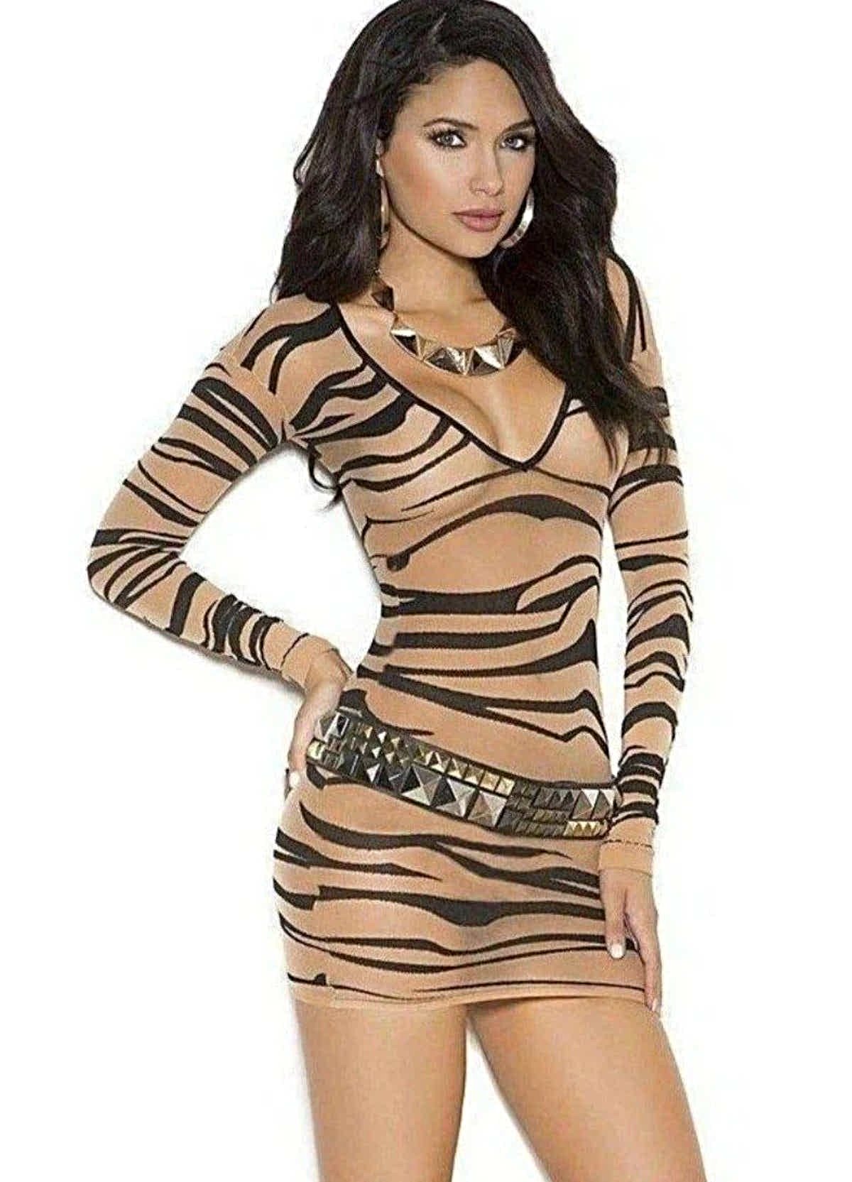 Elegant Moments 1507 Sheer Zebra Print Dress with Long Sleeves - Nude/Black Mini Style Elegant Moments
