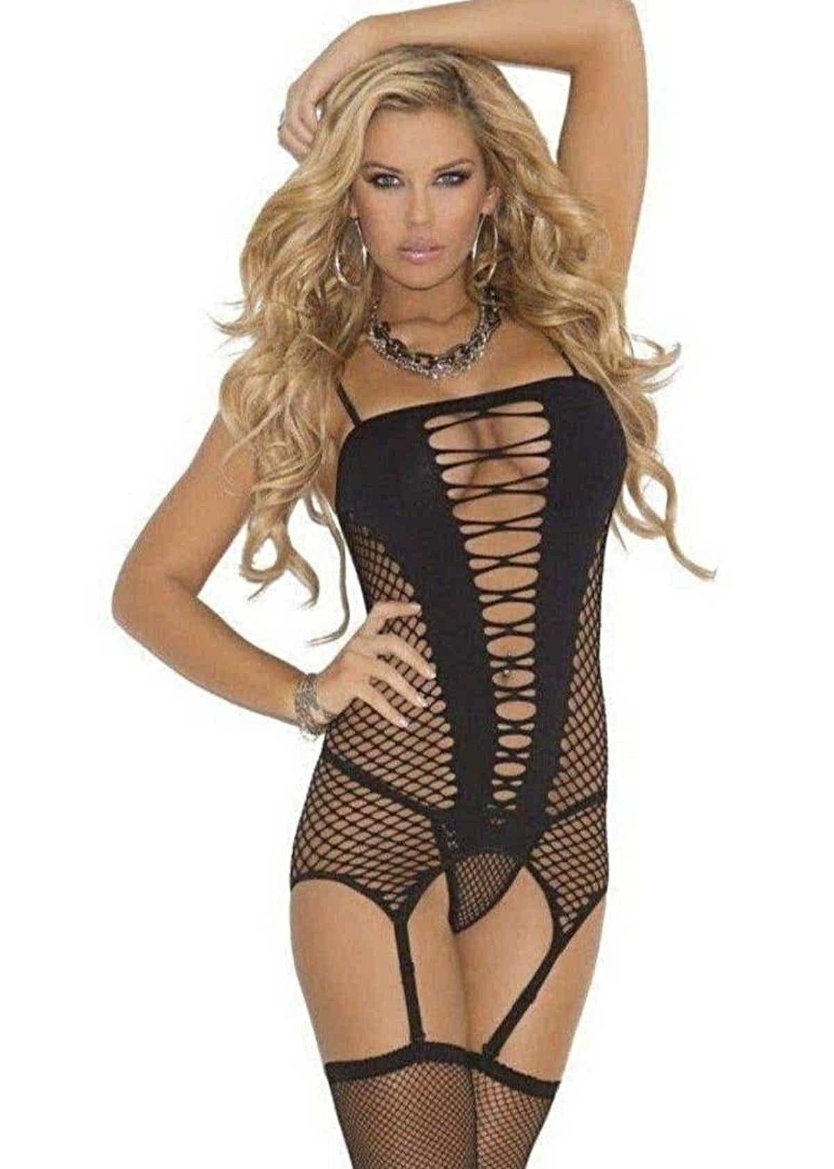 Elegant Moments 1525 Seamless Diamond Net Camisette 3 Pc Set with G-String and Stockings in Black Elegant Moments