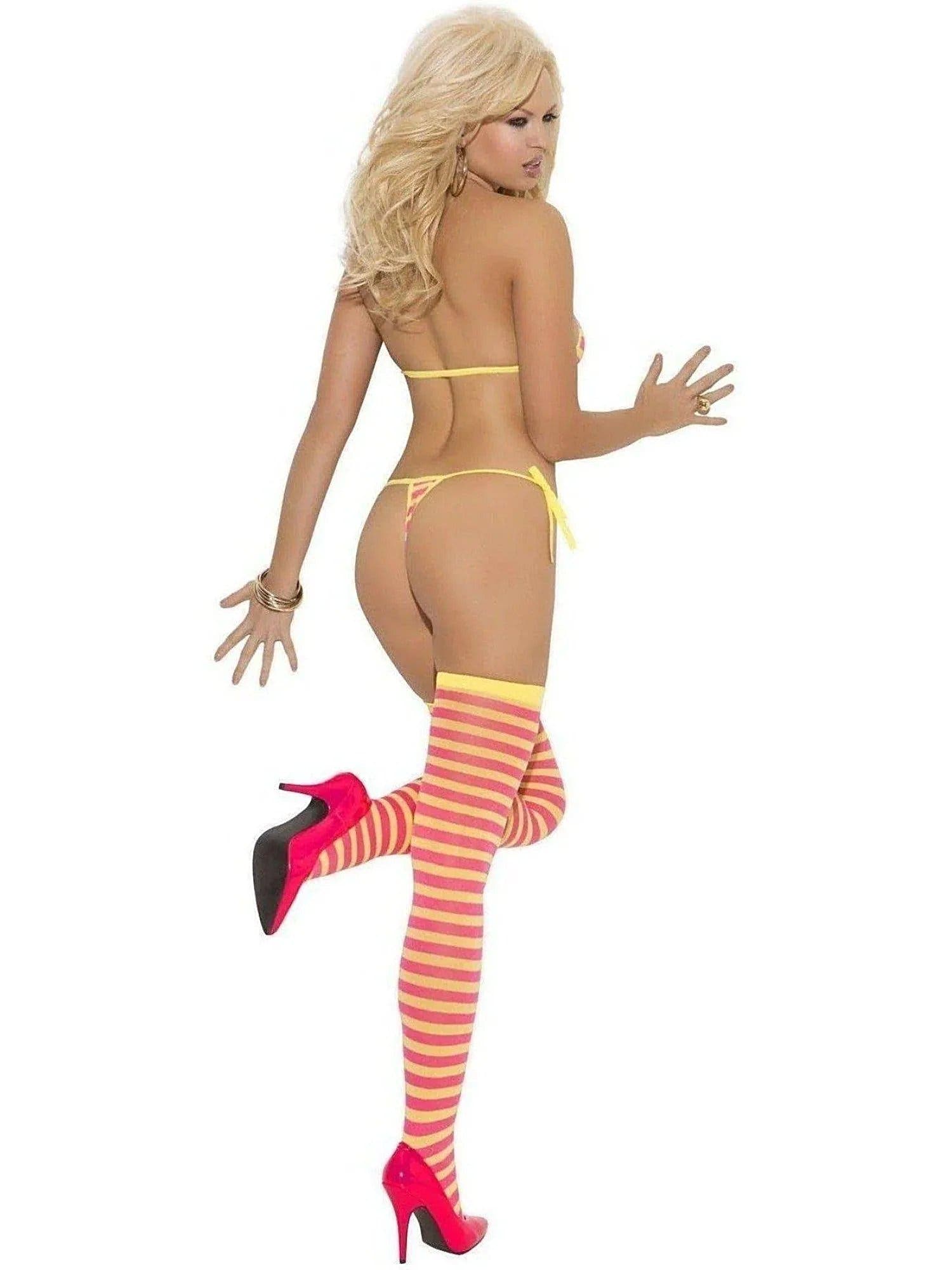 Elegant Moments 1535 3 PC Set - Striped Matching Bra Thong Stockings in Pink/Yellow Elegant Moments