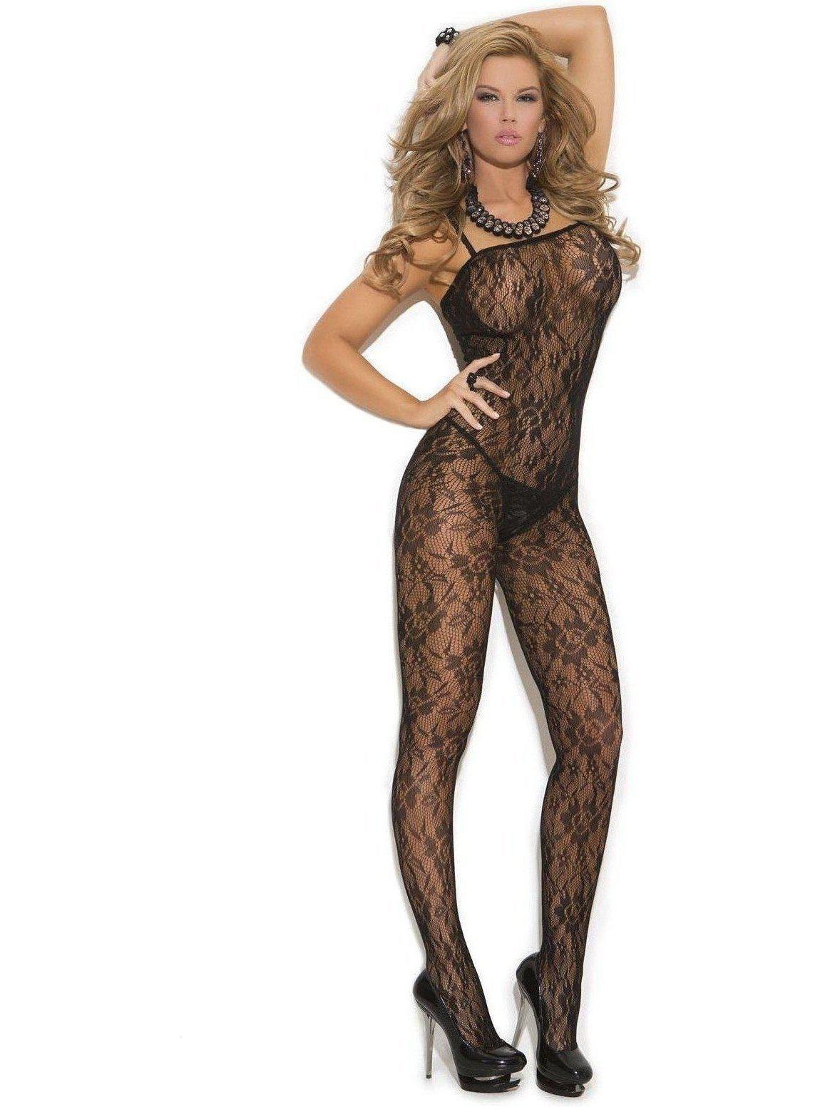 Stunning Rose Lace Bodystocking with open crotch in Black, Red, also in plus size Elegant Moments