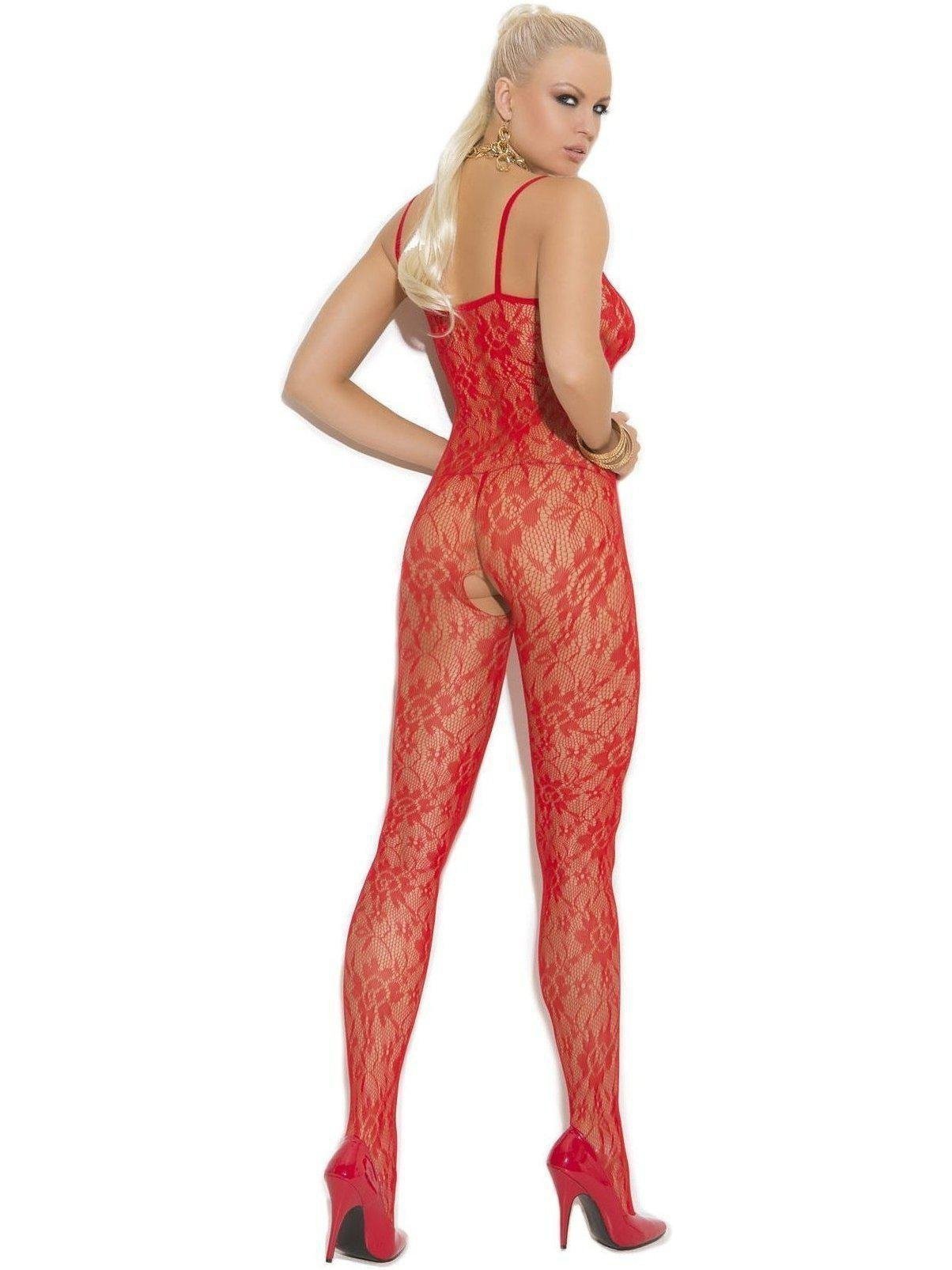 Stunning Rose Lace Bodystocking with open crotch in Black, Red, also in plus size Elegant Moments